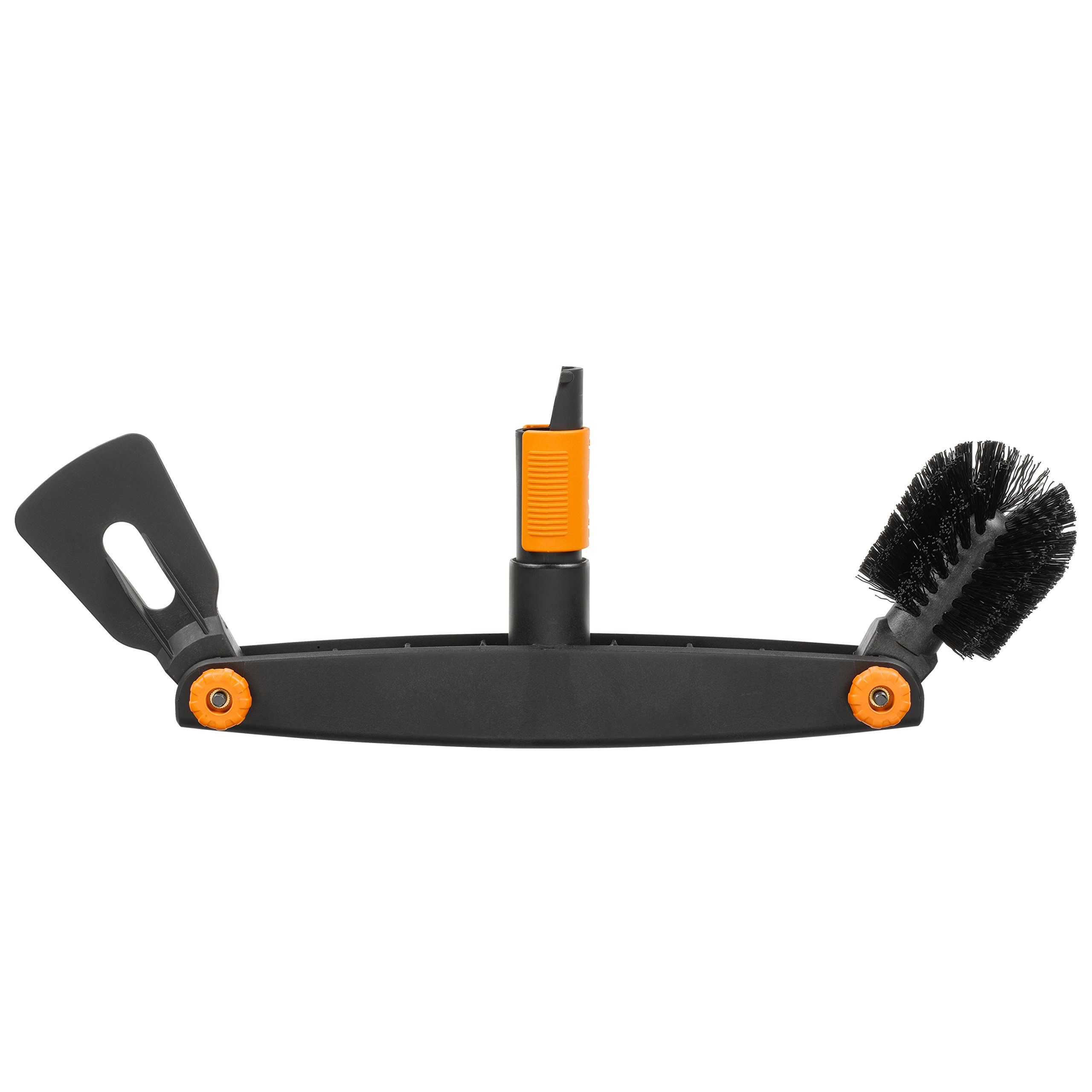 Fiskars Brosse pour Joints pour desherber, émousser sur la terrasse, L: 18,5 cm, L: 15 cm& Nettoyeur de gouttière, avec grattoir et Brosse Ajustables, Tête d'outil QuikFit, L: 4,5 cm, Noir/Orange