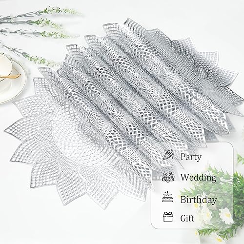 Miniatura 7 de Evevda Juego de 6 manteles individuales redondos plateados de vinilo prensado huecos de 15 pulgadas, impermeables, para cocina, mesa de comedor,
