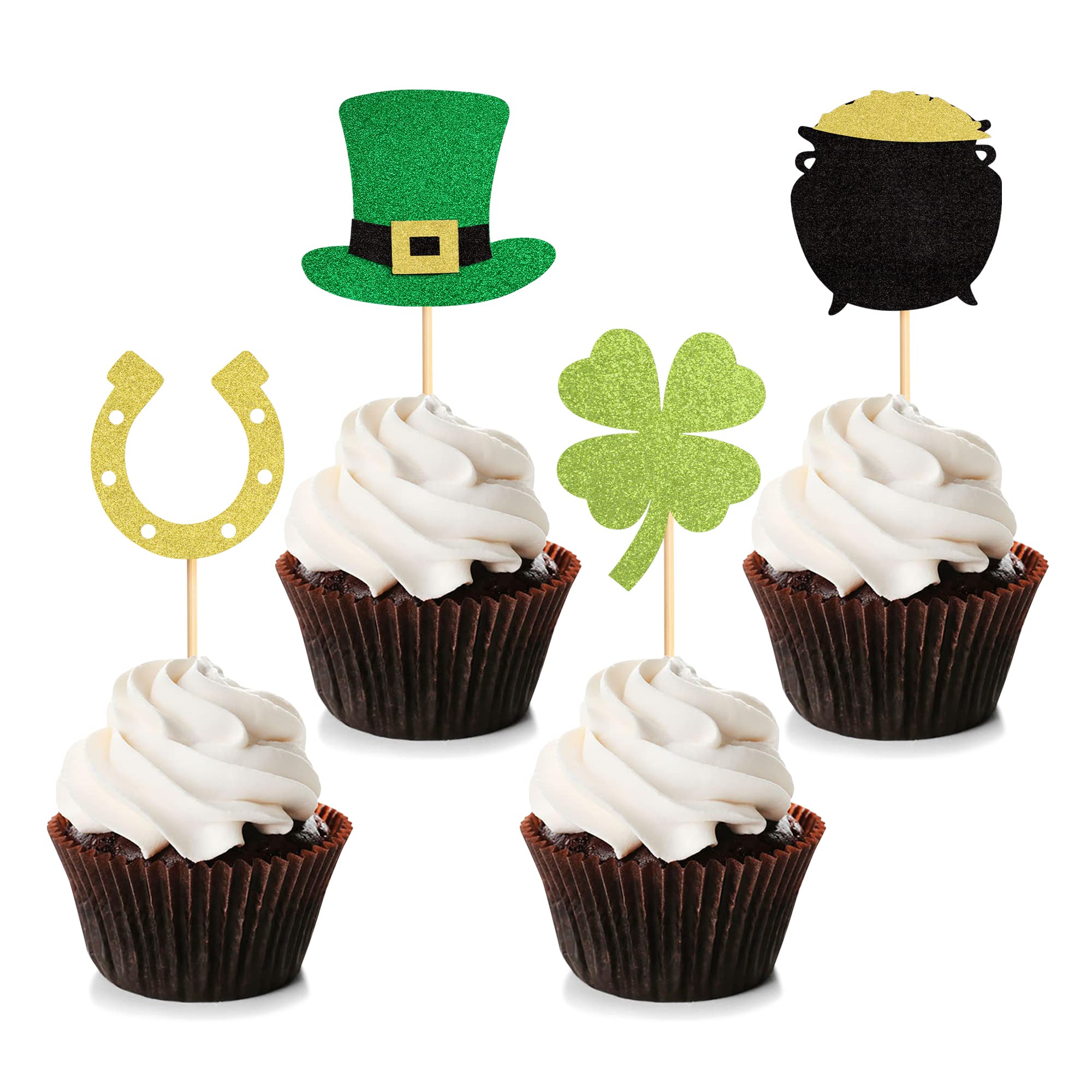Blumomon 24Pcs Glitter Glitter Shamrock Cupcake Toppers Four Leaf Clover Cake Picks for St Patrick's Day Party Decorations