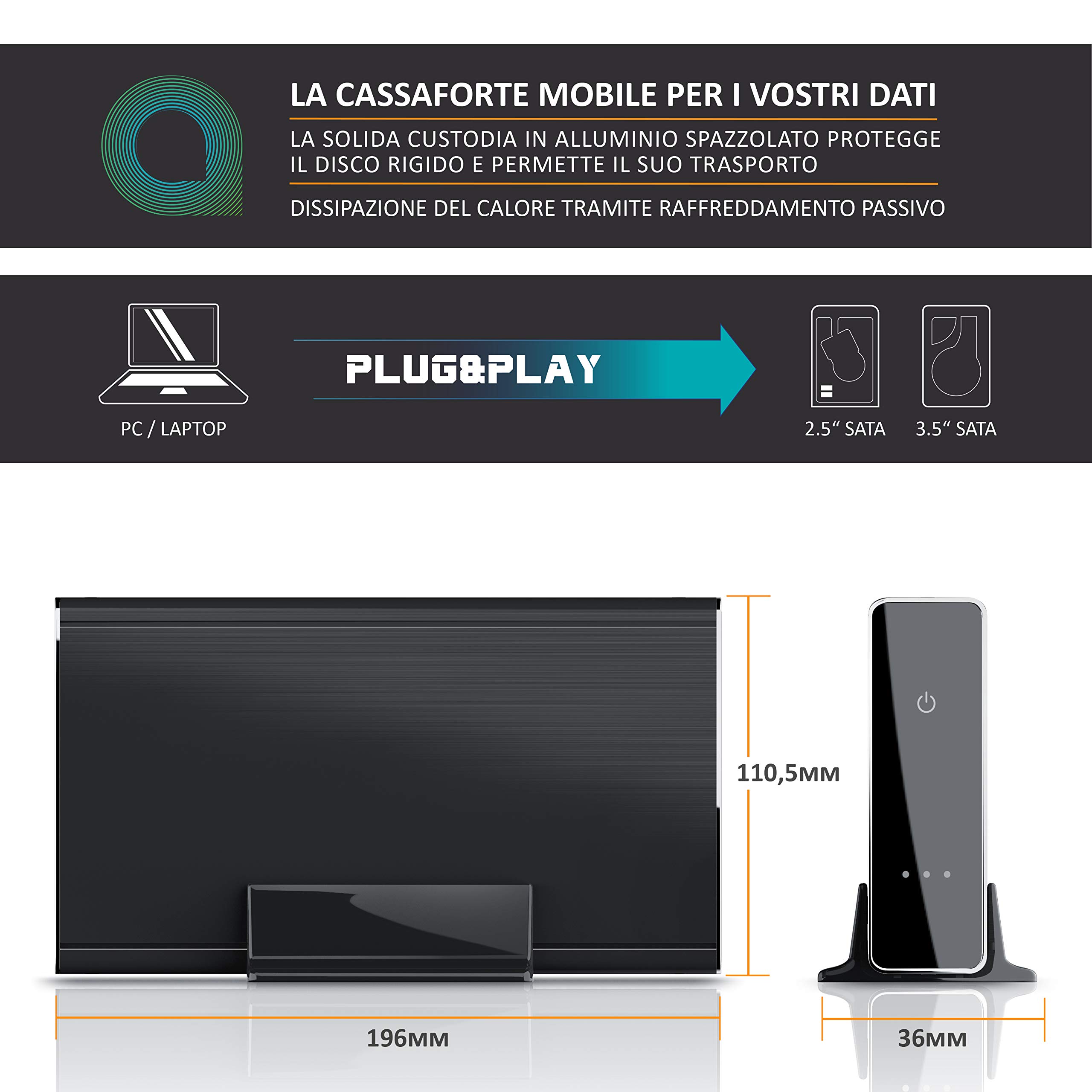 CSL - Case per Hard Disk 3.5 Pollici Esterno USB 3.0 - Custodia in Alluminio- per SSD e HDD - SATA - UASP - Super Speed 5 Gbit s - Plug e Play - Hot-Plug - con Alimentatore Incluso - Nero - Offerta