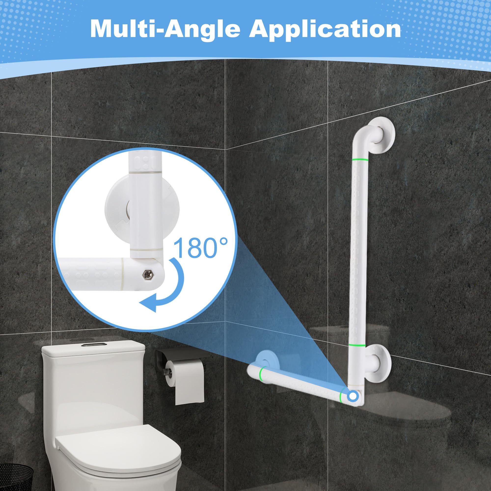 Maniglione Angolato Regolabile 0-180° 60x40cm, Corrimano Sicurezza Bagno in Acciaio Inox con Impugnatura Antiscivolo e Anelli Luminosi per Anziani, Disabili, Doccia/Vasca
