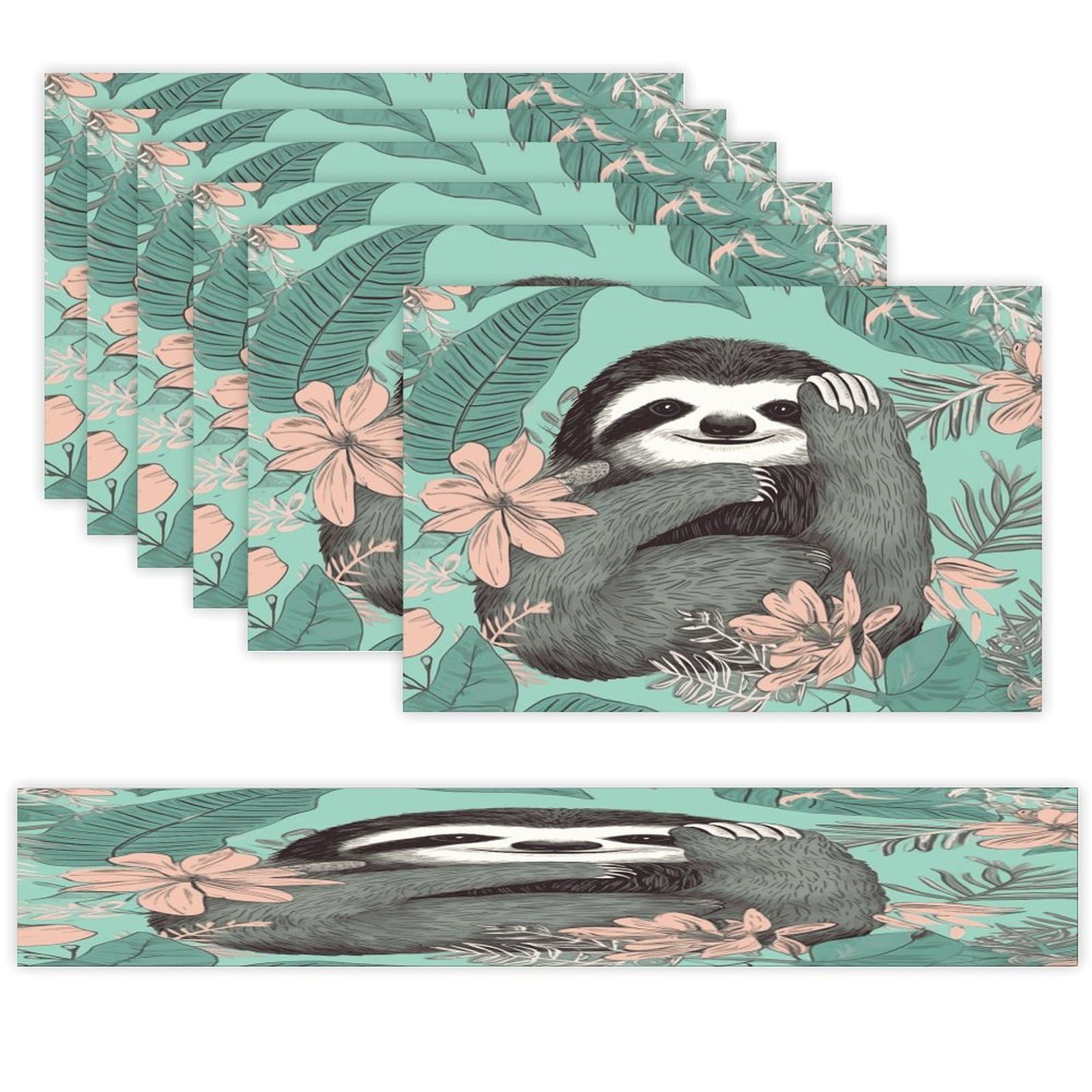 Animal Sloth Mint Green Table Runner and Placemats Set of 6 Wipe Clean Heat Resistant Table Mat with Table Runner Decorations Flax Linen Place Mat Set for Home Kitchen Party Supplies