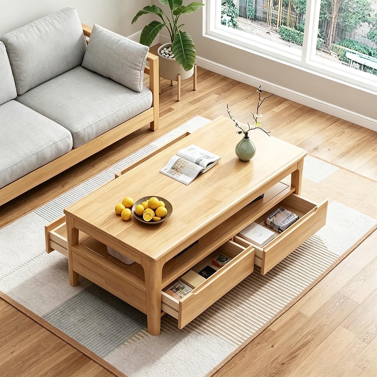 Mesa de Centro Rectangular de Madera Maciza con 4 Cajones y Estante de 2 Niveles – Gran Almacenaje para Salón, Oficina, Apartamento – Estilo Campestre, Madera Natural (100x50x45cm)