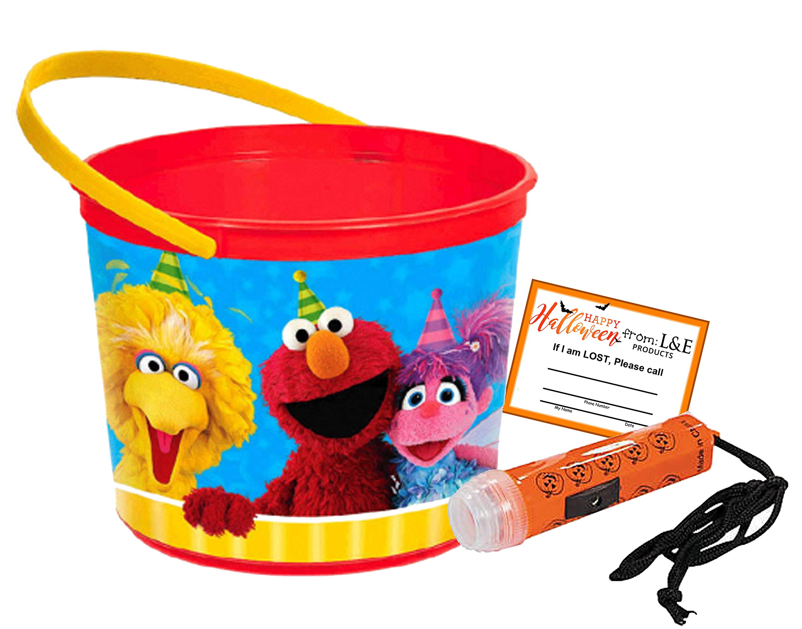 Sesame Street Toddler Sized Halloween Trick or Treat Bucket &Mini Safety Flashlight! Plus"If I'm Lost" Sticker!
