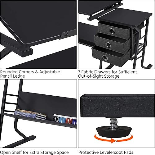 Miniatura 6 de Yaheetech Mesa de dibujo para adultos/artistas, escritorio de dibujo, escritorio ajustable de arte/manualidades con taburete y 3 cajones