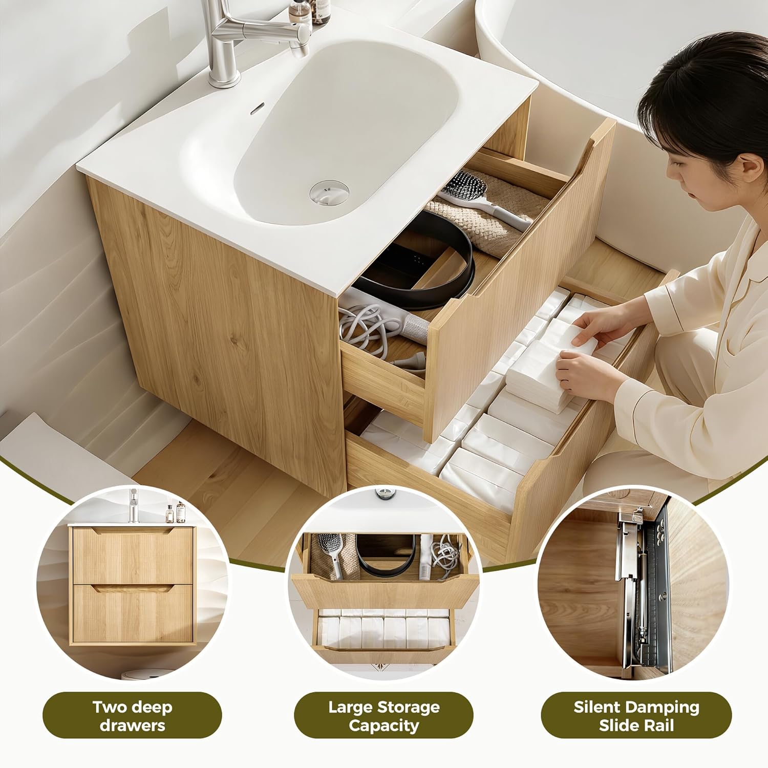 23" Bathroom Vanity with Sink, Wall Mounted Floating Cabinet for Bathroom, 2 Large Storage Drawers, Soft-Close System, No Assembly (Wood Walnut -2)