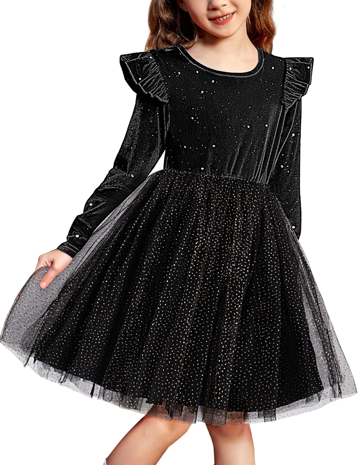 Arshiner Toddler Tutu Dresses Little Girls Velvet Tulle Fall Winter Long Sleeve Ruffle Holiday Party Dress 2-6Y