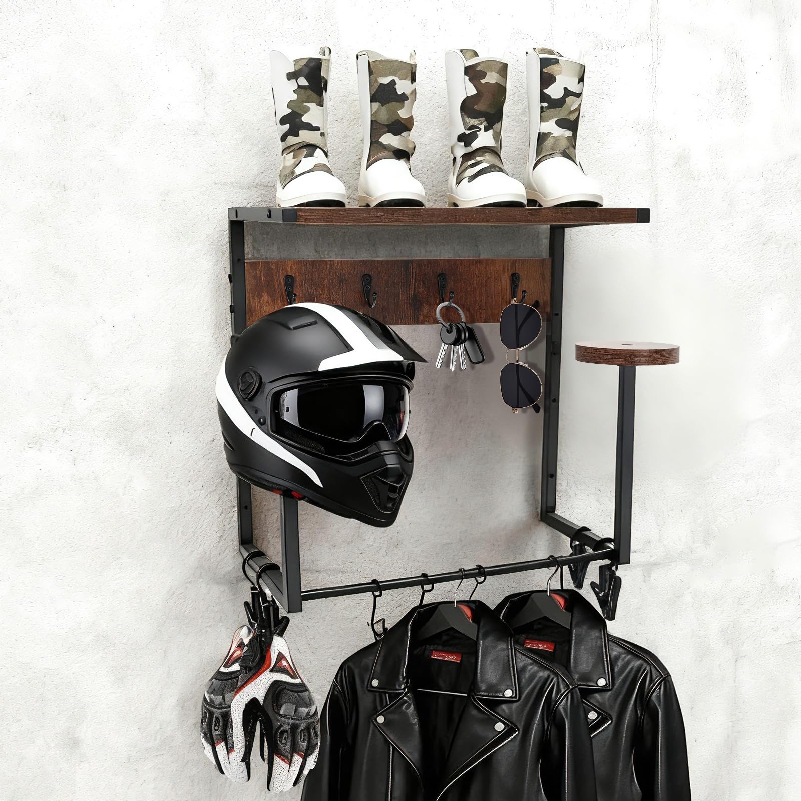 Portacasco da Parete Appendi Casco Moto da, Espositore da Parete per Casco da Motocicletta,con Pannello di Legno monostrato,per Riporre Accessori per Moto
