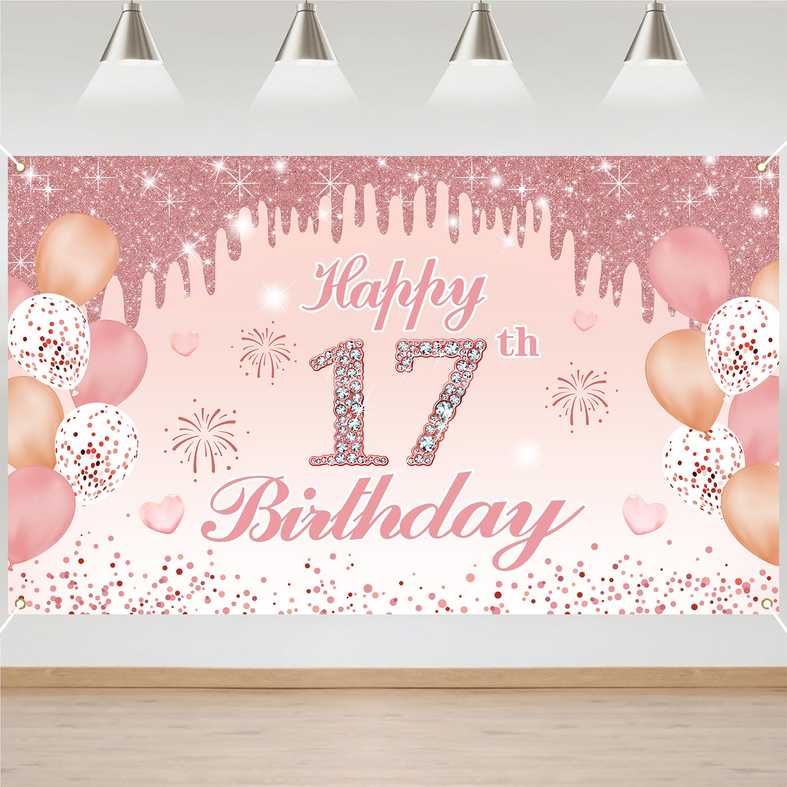 17th Birthday Decorations Door Banner Pink Happy Birthday Banner for Party Backdrop for Women Home Outdoor Cover Party Decoration Supplies Poster — image 1