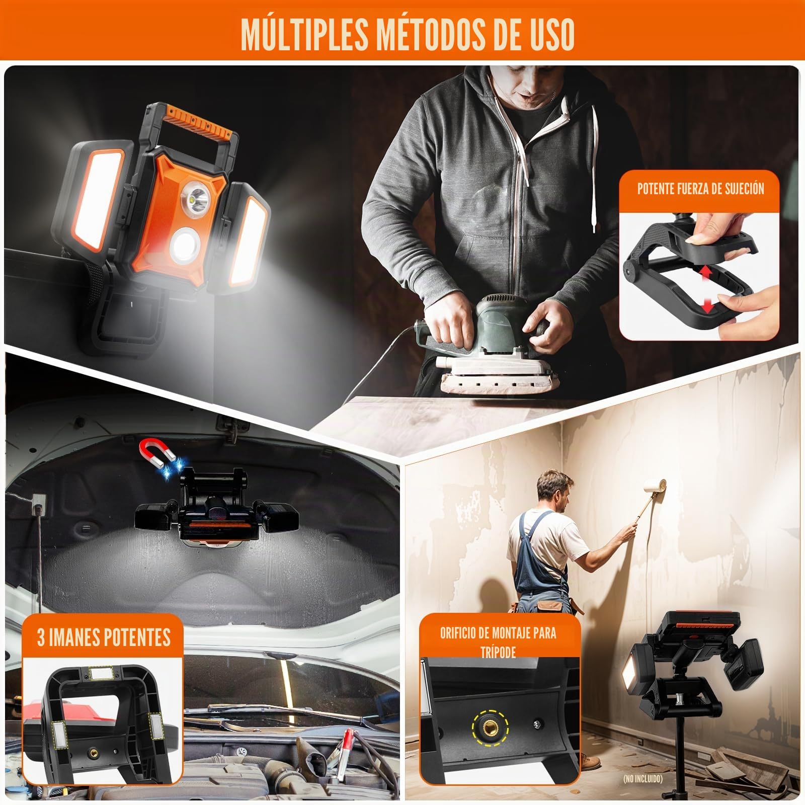 SYLSTAR Foco LED Recargable 40W 4000LM, Foco LED Batería con Pinza y Base Magnética, 360° Plegable con 5 Modos, Luz de Trabajo con Función Powerbank para Obra, Taller, Garaje y Camping