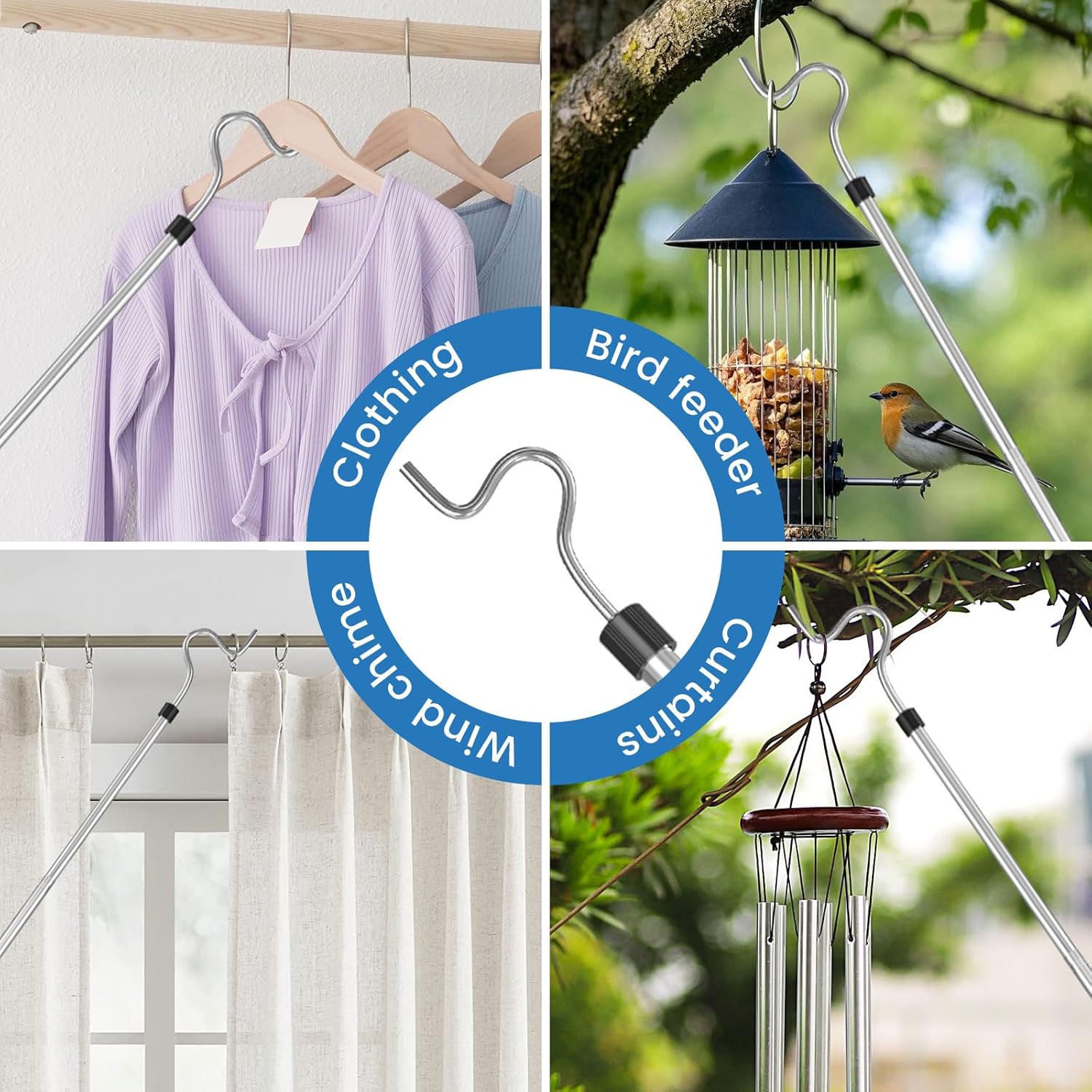 Clothes Hook Pole, High Reach Garment Hook 37“-63” Telescoping with 3 Hooks and Sponge Handle for Closet Hanging Clothes Plants Bird Feeder Grabbing Trunk Cargo Heavy Duty