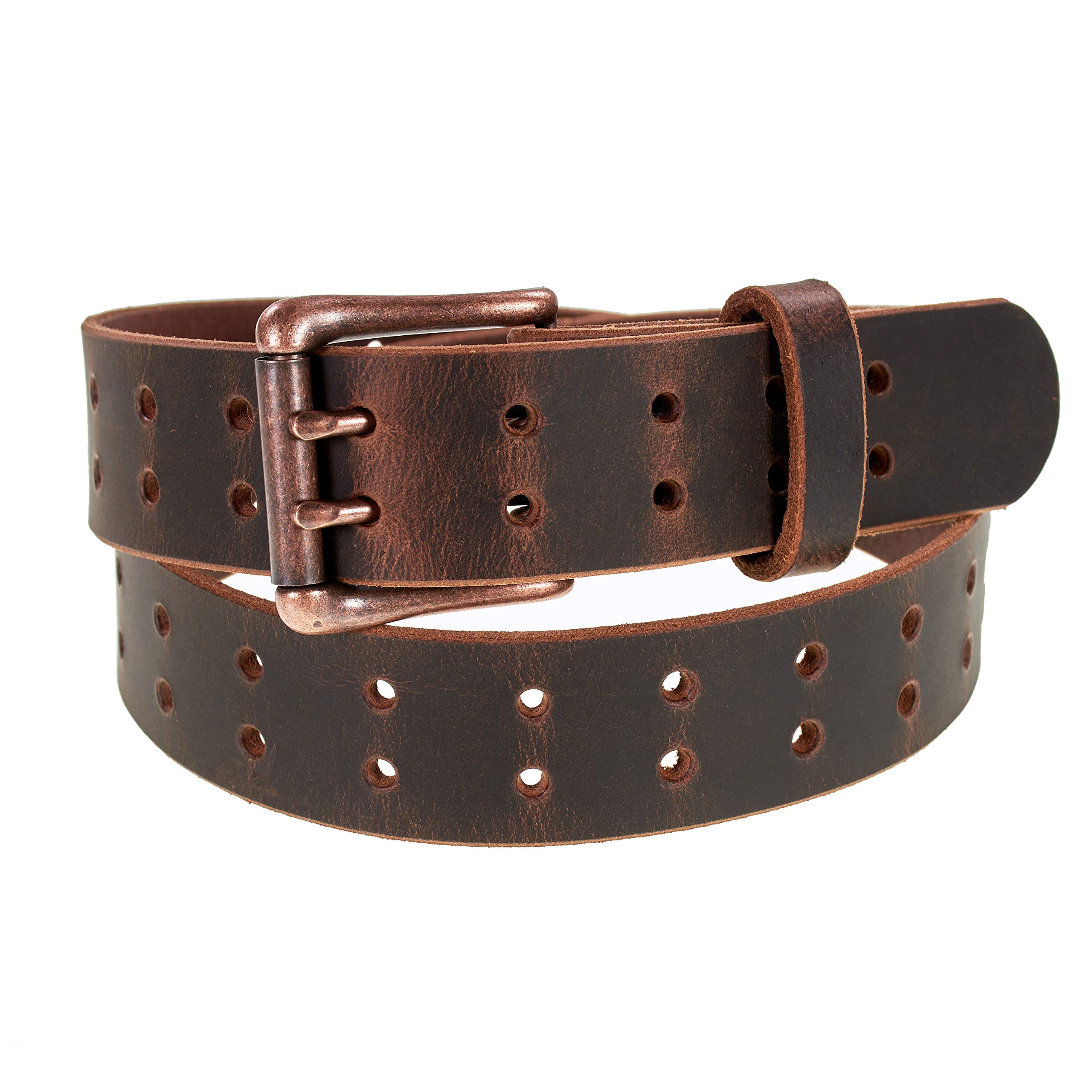 Men’s Classic Leather Belt, Double Prong Retro Style, Antique Copper Buckle, 1 ½” Width, Amish handmade in the USA