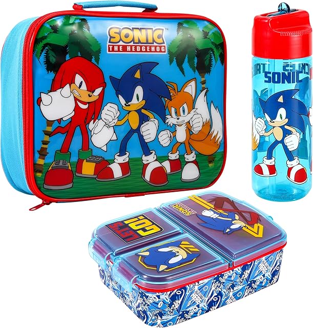 Zawadi Global Sonic The Hedgehog Kids Childrens Lunch Box Set  Insulated Lunch Bag, Multicompartment Lunch Box & 540ml Water Bottle - School Travel Lunch Food Set, BPA Free