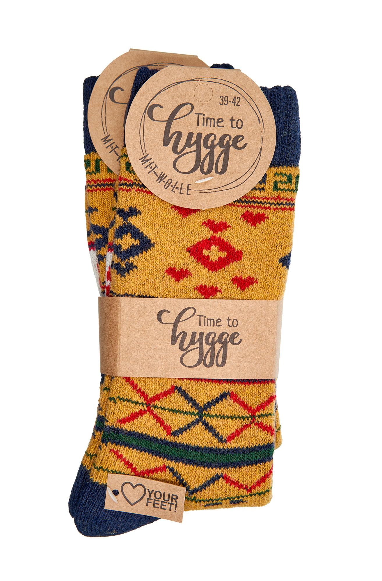 Leo Design Wool Socks for Men and women, 2 Pairs Norwegian Winter Thermal Socks Knitted, Nordic Style Crew Soft & Warm, Comfortable Hygge, Cushioned Socks for cold weather (2-5, Mustard)