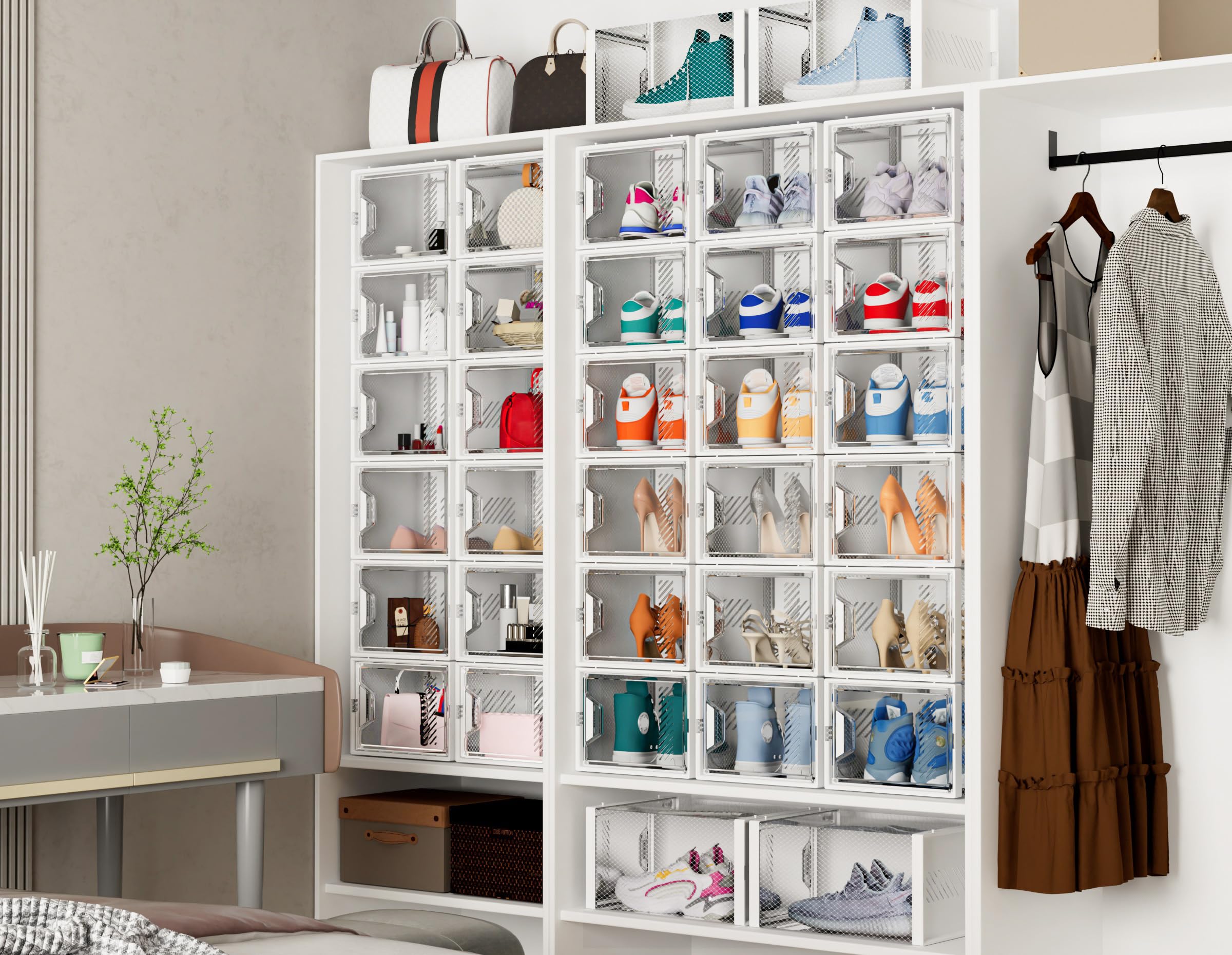 SIMPDIY Schuhboxen Stapelbar Transparent, 12er Pack Schuhkarton mit Deckel, Schuhaufbewahrung für Stöckelschuhe, Stiefeletten, Pumps, High Tops, bis Größe 46
