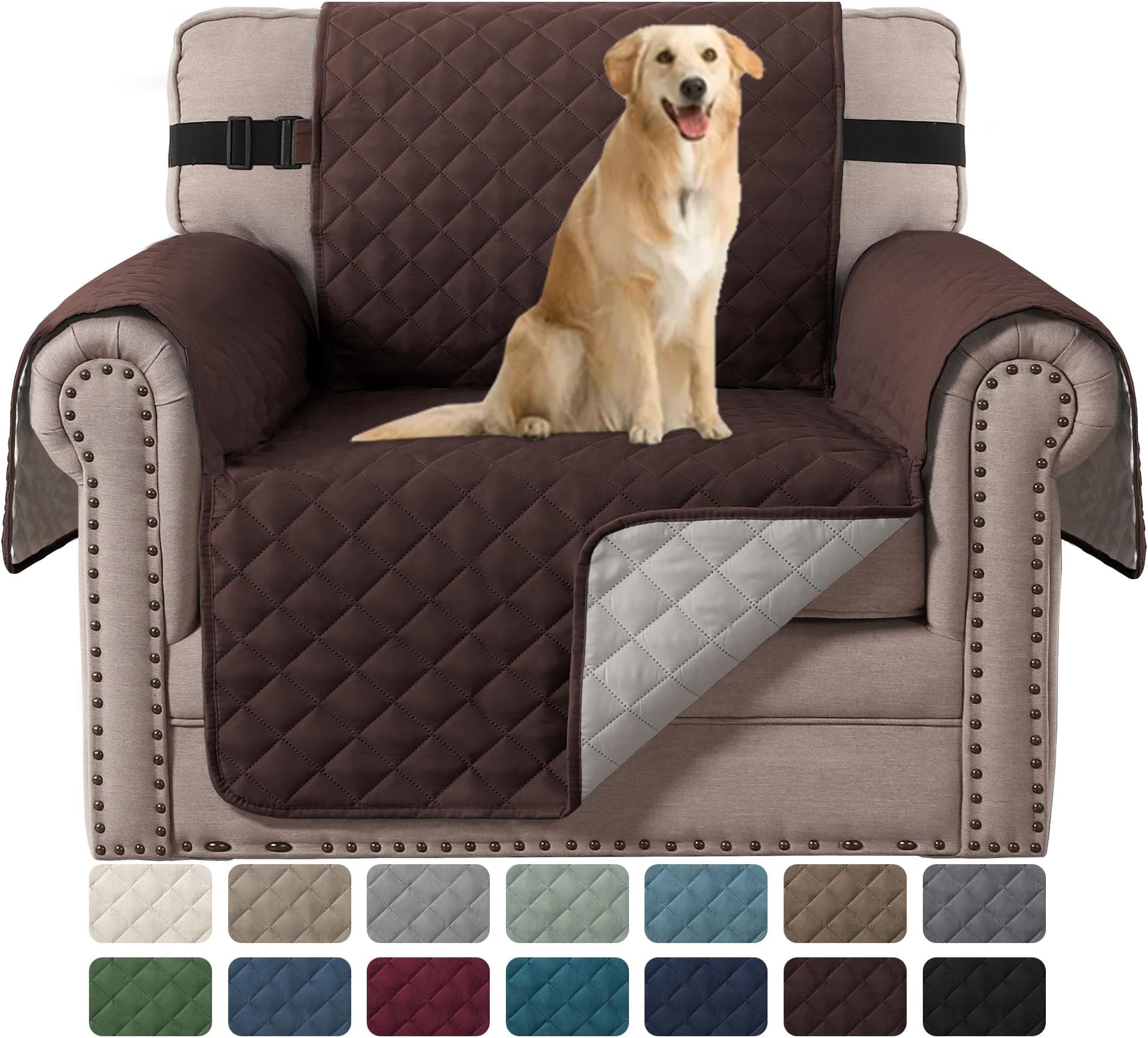 H.VERSAILTEX Chair Slipcover Reversible Chair Cover for Dogs Water Resistant Chair Cover for Living Room Washable Furniture Protector Cover Seat Width Up to 21"(Armchair, Brown/Beige)