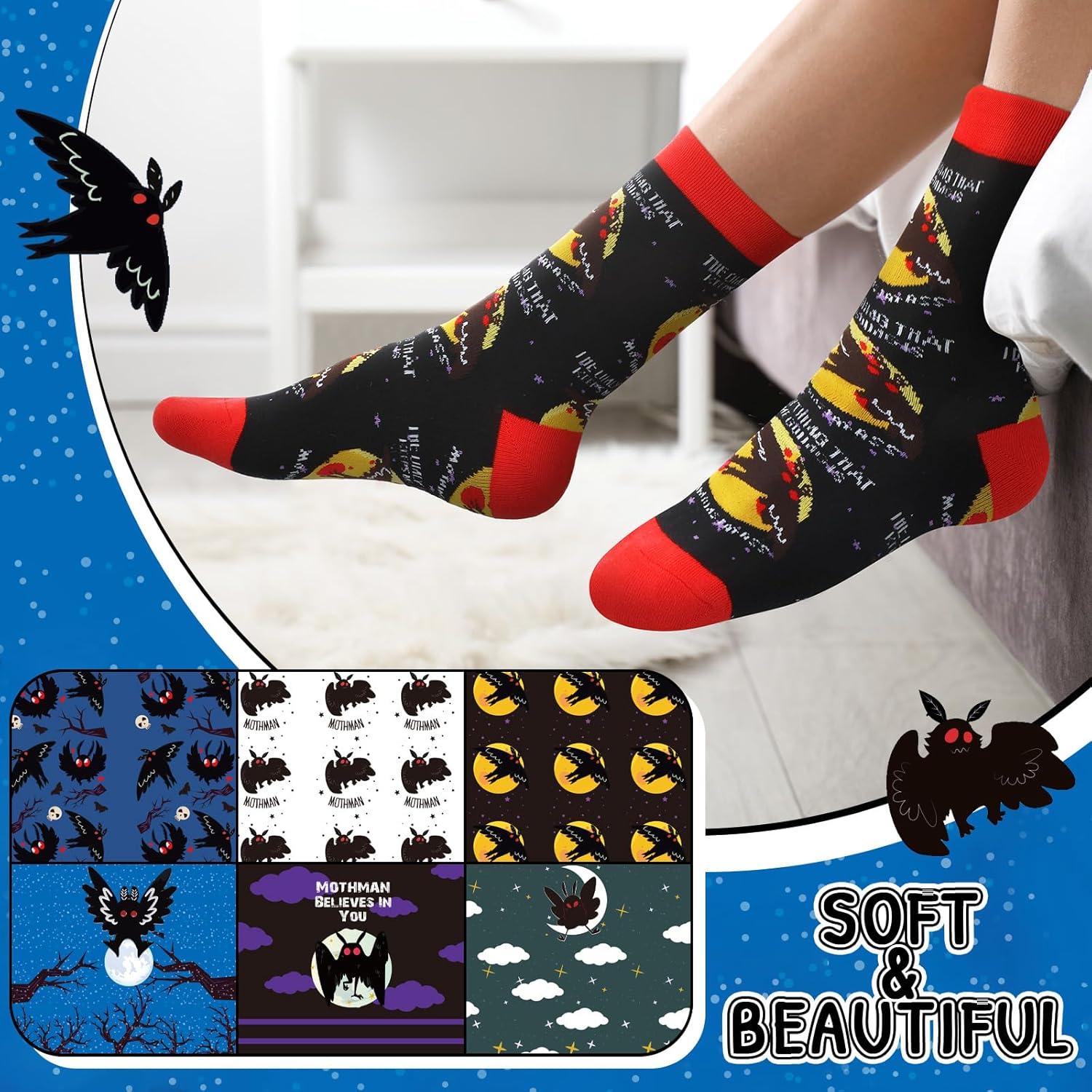 6 Pairs Mothman Socks Crew Adult Sock Novelty Cotton Crew Socks for Men Women Adult Ideas Family Friends Funny Christmas Father's Day Stuff Gifts - Image 2