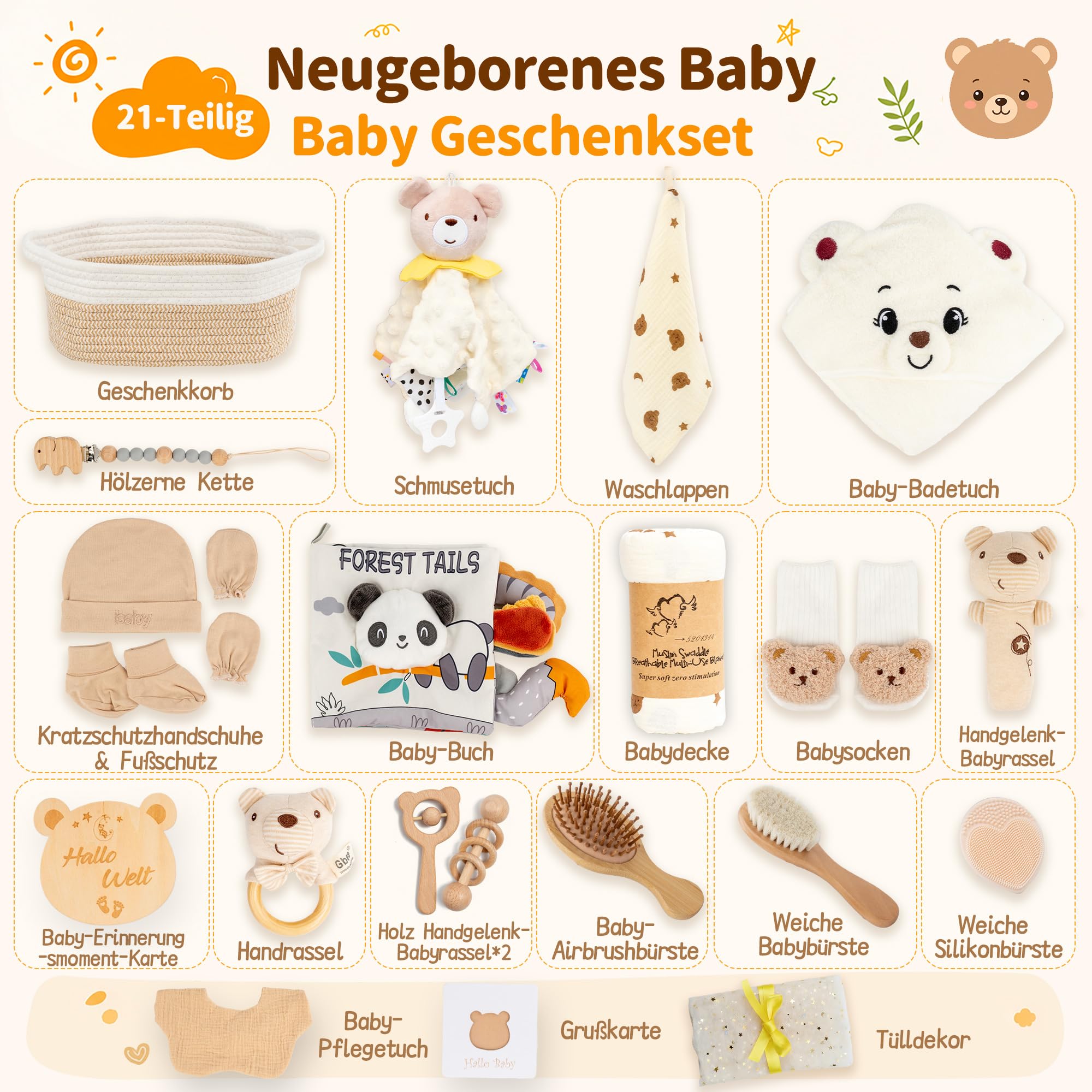 Baby Geschenk Junge, Neugeborenen Set mit Decke, Holzrassel, Haarbürste | Geburtsgeschenk: Neugeborenen Set mit Decke, Handschuhen, Holzrassel, Haarbürste und Polsterbürste.
