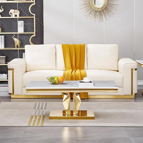 Miniatura 26 de SSLine Mesa de Centro Rectangular de Mármol Sintético para Sala de Estar, Mesa Central Moderna de Mármol Blanco de Lujo con Base de Diamante Mesa de