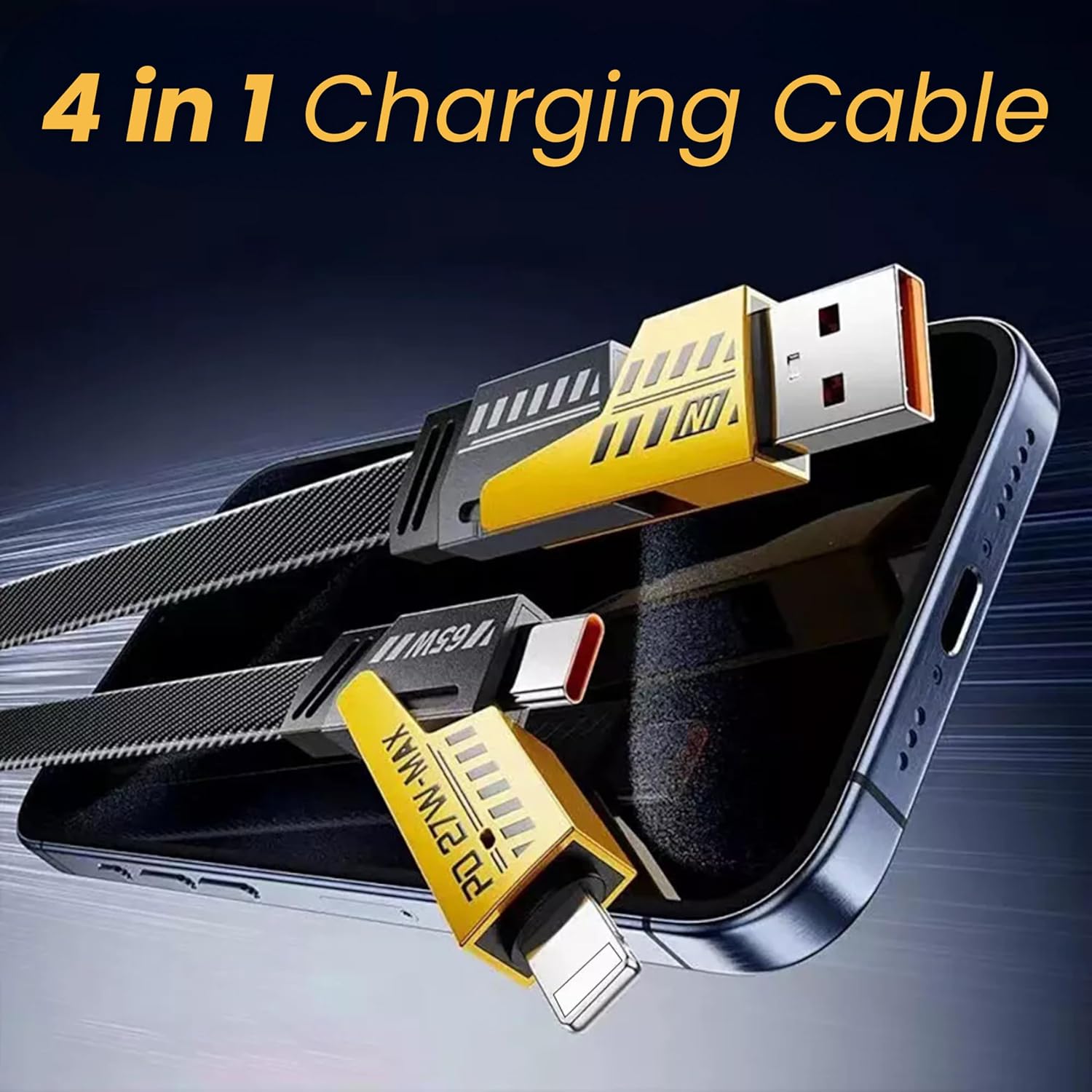 4-in-1 USB-C Cable, pd 65w Fast Charging Cable & Data Sync, Multi Charging Cable, Charging Cords USB A/Type C/Lightning Compatible with iPhone, Galaxy, Tablet, Samsung, 5ft