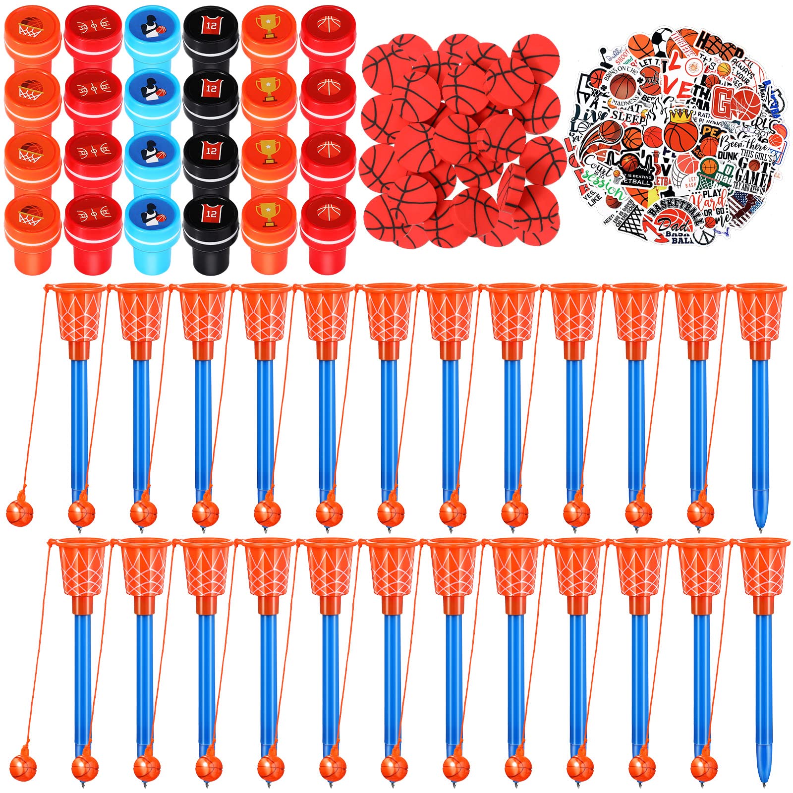 Aoriher 122 Pcs Basketball , Includes Basketball Stampers Hoop Pens Mini Pencil Erasers Stickers Self Inking Stamps for Party Supplies Prizes Gift