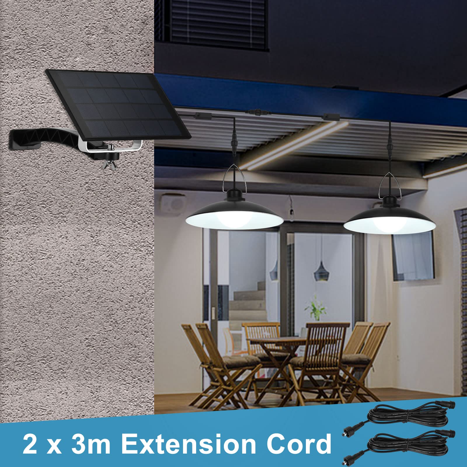 ENCOFT Lámparas solares para interior y exterior, lámpara colgante solar IP65, impermeable, para jardín, camping, con cable 3M con mando a distancia (2 luces, luz fría)