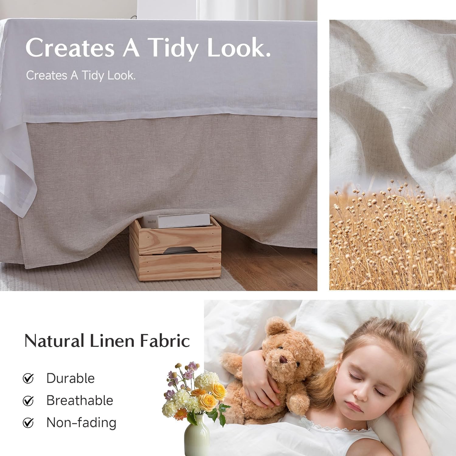 Belgian 100% Linen Bed Skirt with 14 Inch Drop, Easy Fit Breathable Soft Dust Ruffle King Size Bed Skirt - Premium Natural Flax- Basic Linen, King