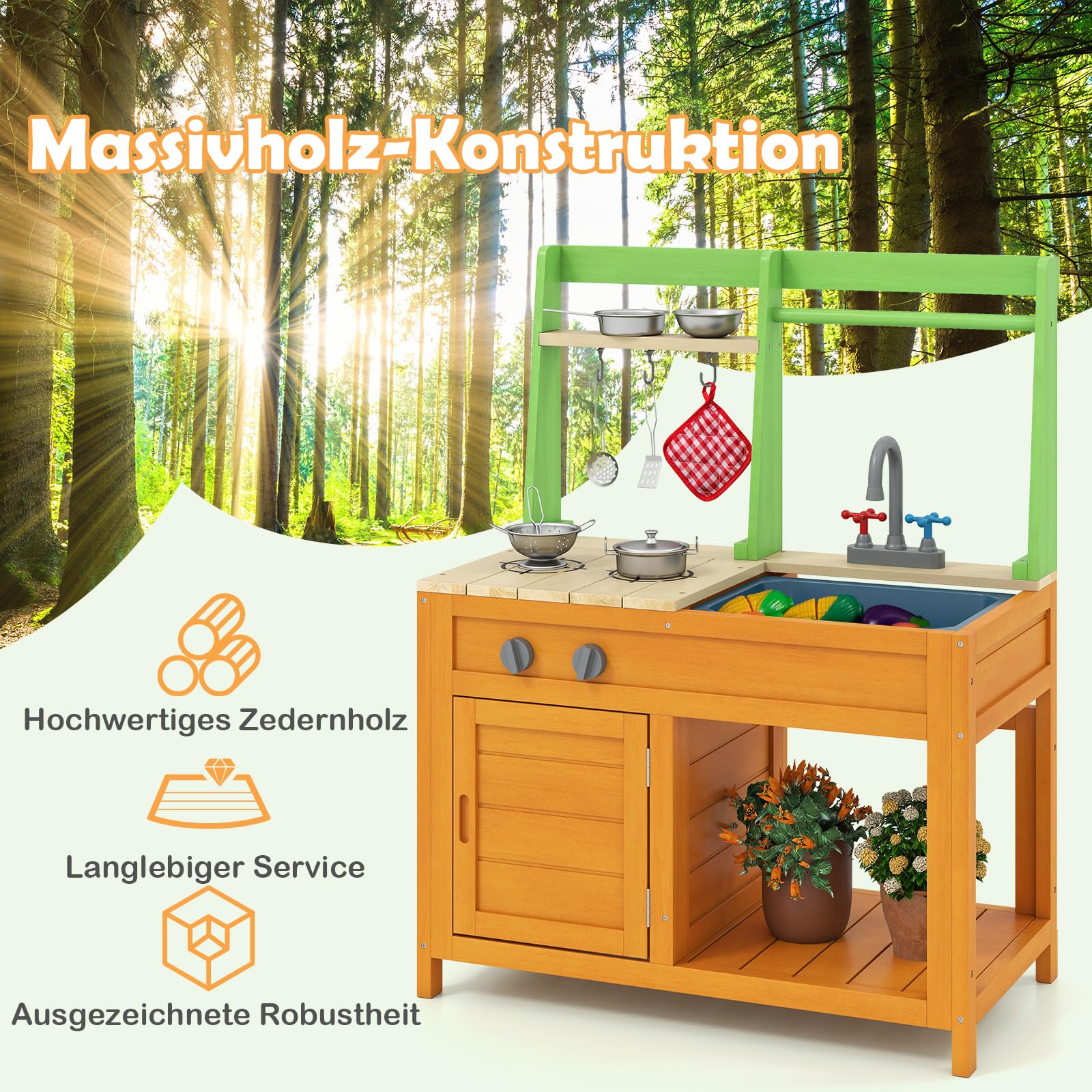 COSTWAY Matschküche Kinder Outdoor, Kinderküche mit Zubehör, Spielküche mit realistischen Herden & Wasserhahn & Spüle & Ofen, Outdoor Küche Gartenküche für Kinder ab 3 Jahren