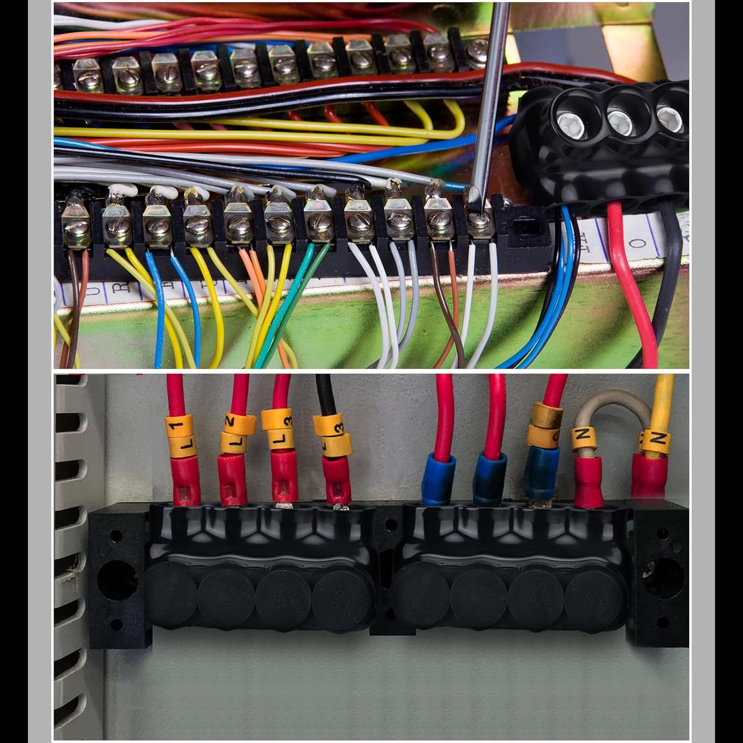 2 Pcs 4 Port Wire Connector, Multi Cable Connector, 6 Awg-250kcmil Insulated Multi Tap Connectors Black Single Sided Entry, Pre Filled with Oxide Inhibitor