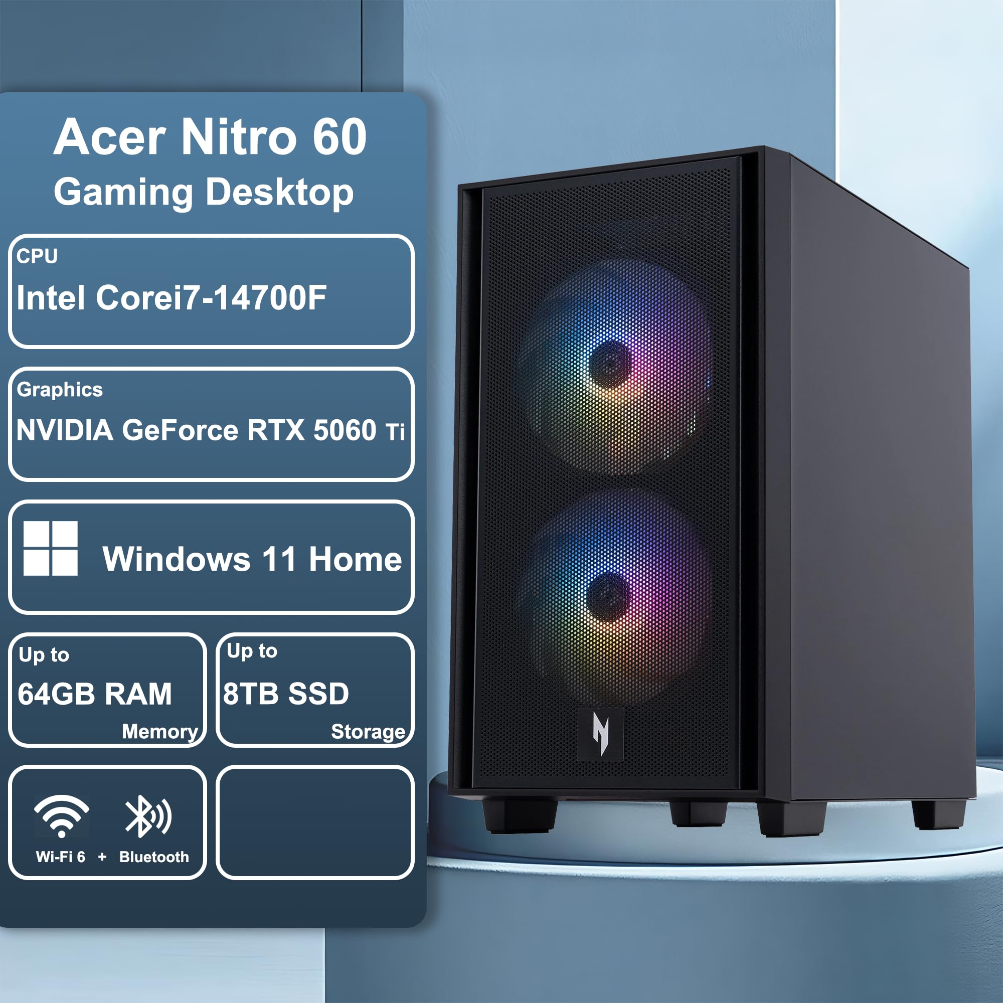acer Nitro 60 Gaming Desktop Computer Intel 10-core i5-14400F 32GB DDR5 1TB SSD GeForce RTX 5060 8GB GDDR7 DLSS4 (fino a 614 AI Tops) USB-C DisplayPort Wi-Fi6 Win11 ICP Hub