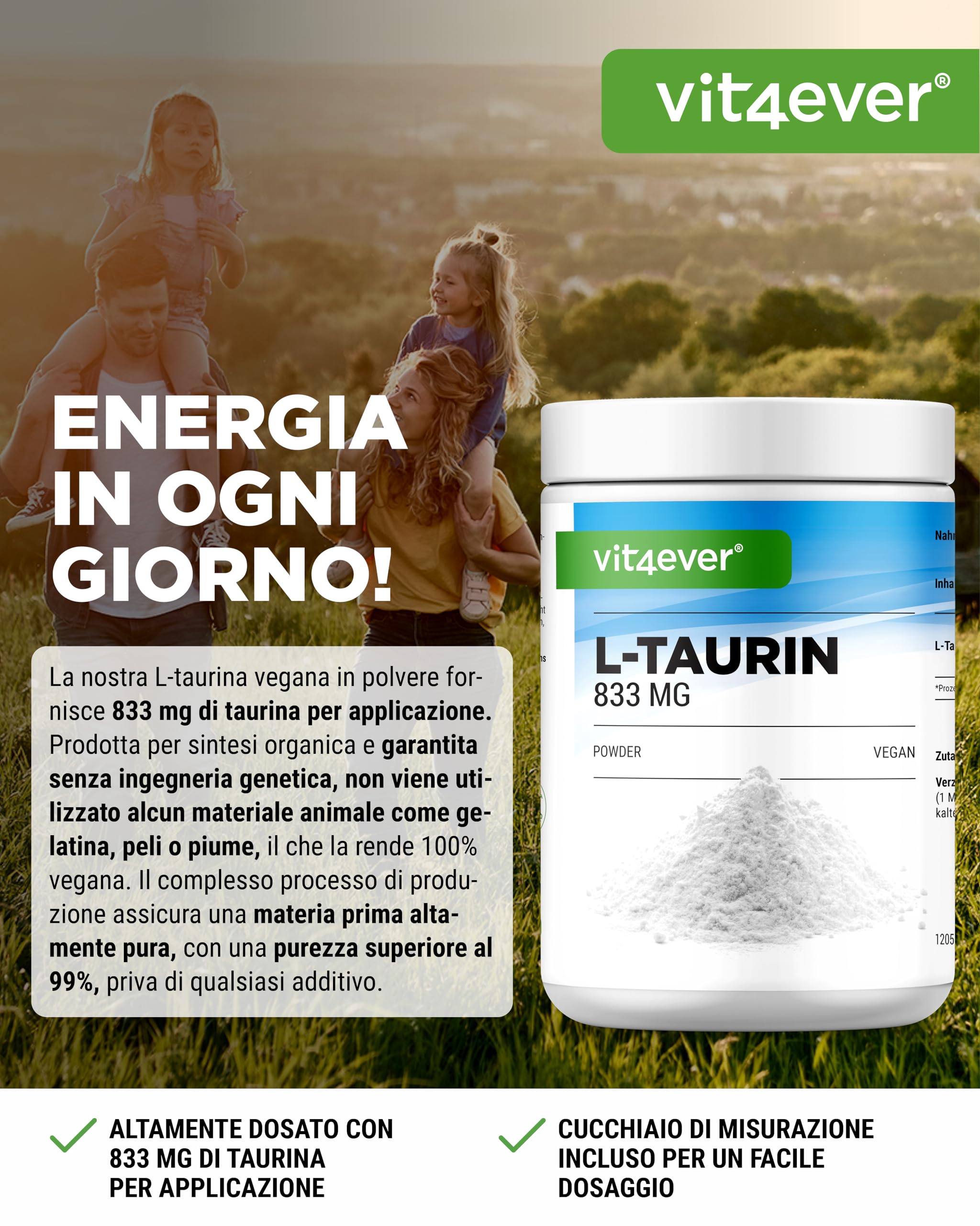 Taurina in polvere - 1000g (1kg) - Solubilità ottimale - Vegan - 99% di purezza - Qualità Premium testata in laboratorio - L-Taurina Aminoacido