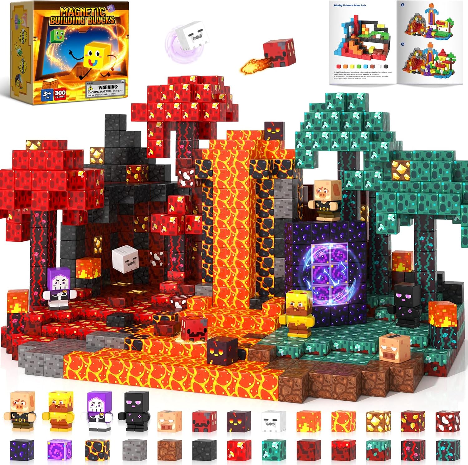 300PCS 0.8in Magnetic Blocks, 8 Strong Magnets Building Cubes Support Misaligned Stacking, Nether Theme STEM Toys for Kids 4-12, Sensory Educational Magnets Gifts for Boys Girls