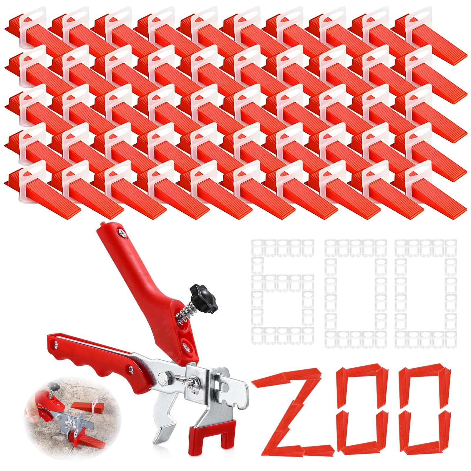 ENCOUN Niveladores de Azulejos, 600 Niveladores Espaciadores 2mm+200 Reutilizables Espaciador, 1Alicate de Instalación,1Cuchillo de Gancho, Sistema de Nivelación de Azulejos para DIY y Profesional
