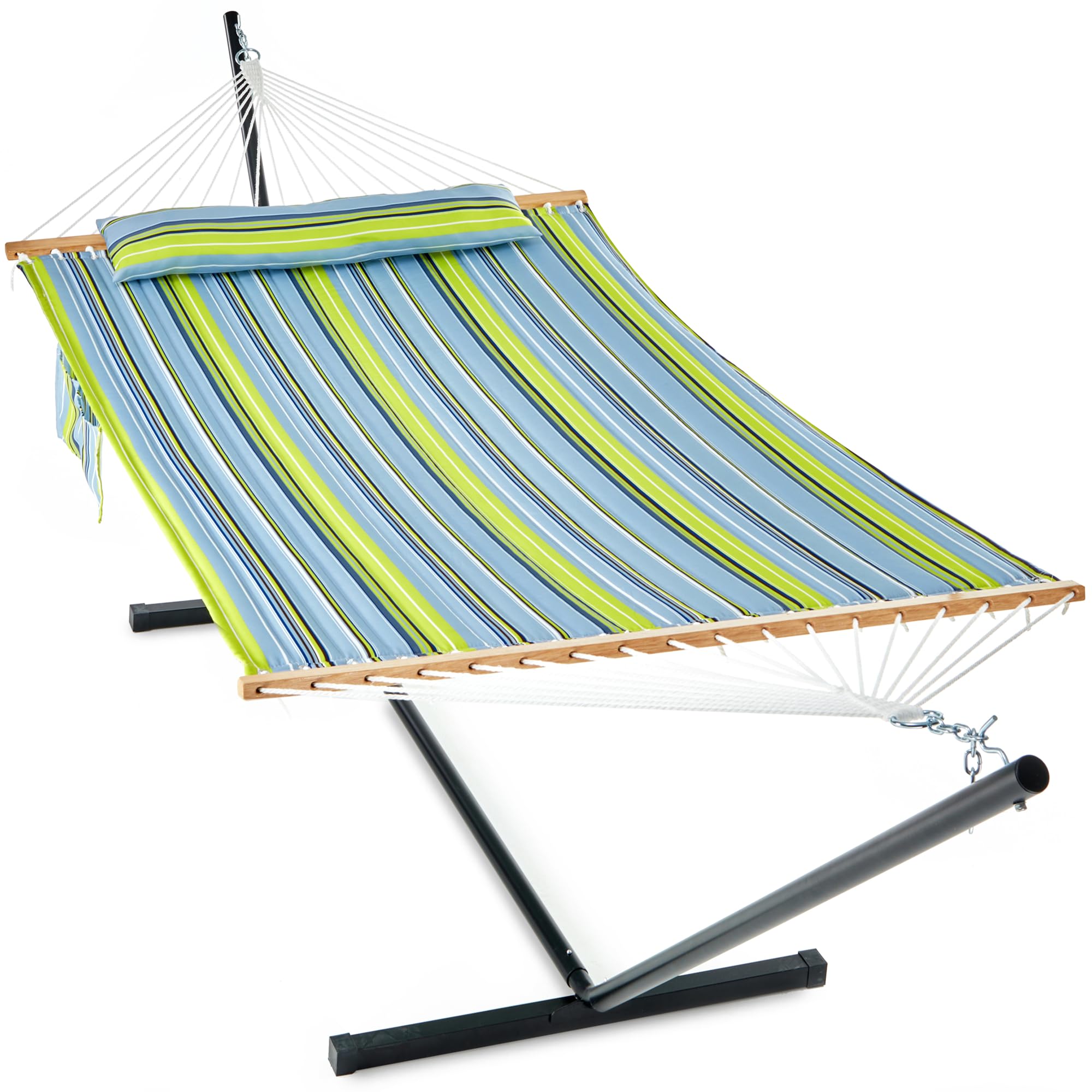 2 person hammock with stand for outside, 12ft heavy duty steel stand, double quilted hammocks, extra large removable pillow, side pockets, outdoor & indoor, max 475 lbs capacity (spring)