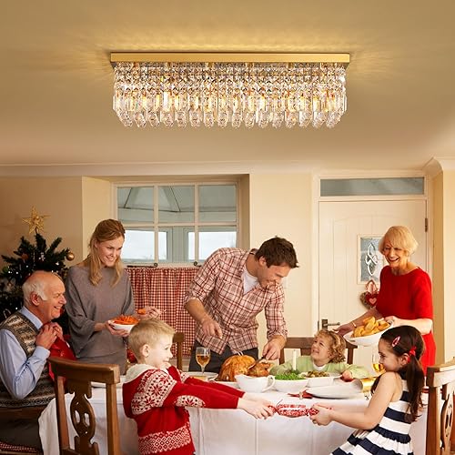 Miniatura 6 de Siljoy Candelabro moderno de cristal con 6 luces, rectangular, empotrado, lámpara de techo colgante de lujo dorada K9, lámpara de gota de lluvia de