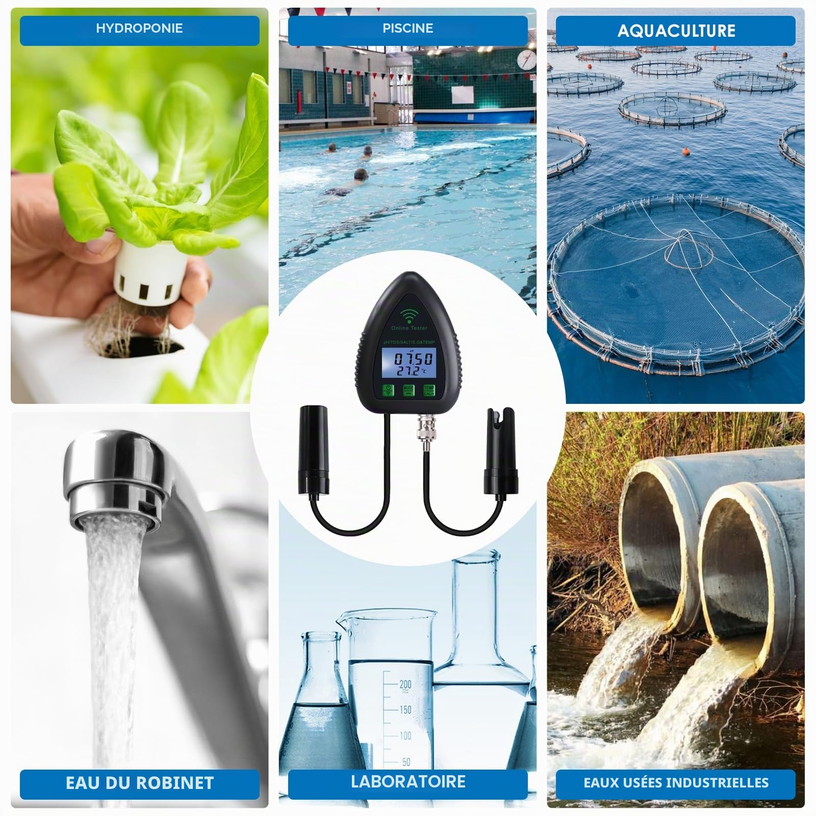 Moniteur de pH WiFi 5 en 1, testeur de qualité de l'eau, pH/S.G/TDS/sel/température 24/7, surveillance hydroponique en ligne avec enregistrement de données et alarme pour aquarium, étang, piscine