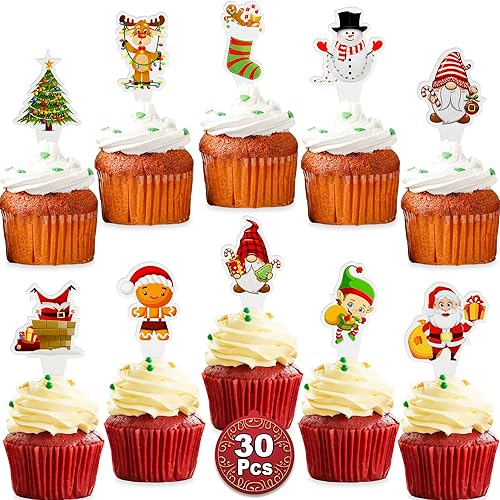 Miniatura 4 de Adornos navideños para cupcakes | Juego de 30 piezas | Papá Noel de Navidad, hombre de jengibre, muñeco de nieve | Decoraciones para hornear para