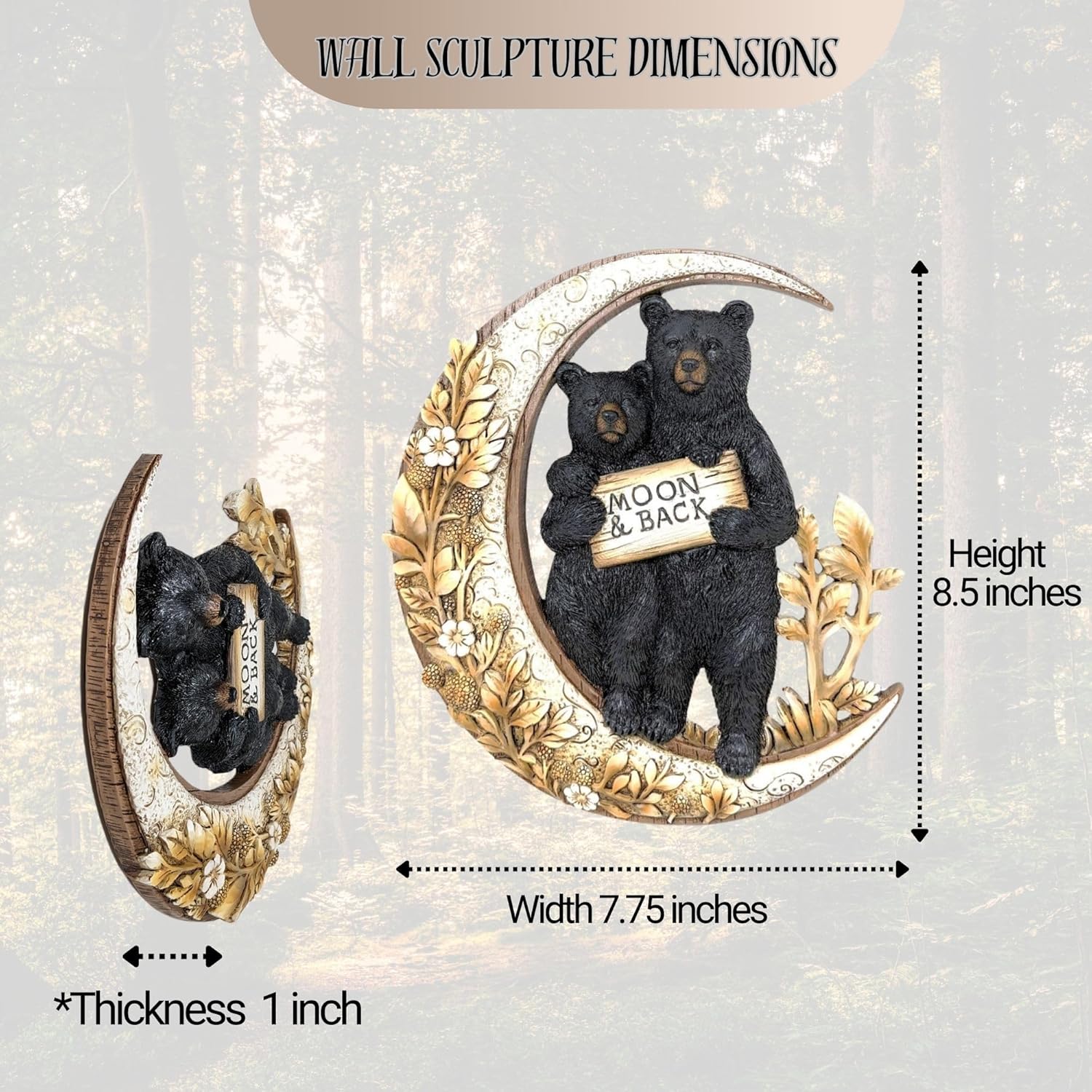 BestGiftEver Rustic Black Bear Wall Decor with Moon & Back Design - Wall Art Sculpture - Nature and Romance-Inspired Cabin & Woodland Decor - for Animal Lovers