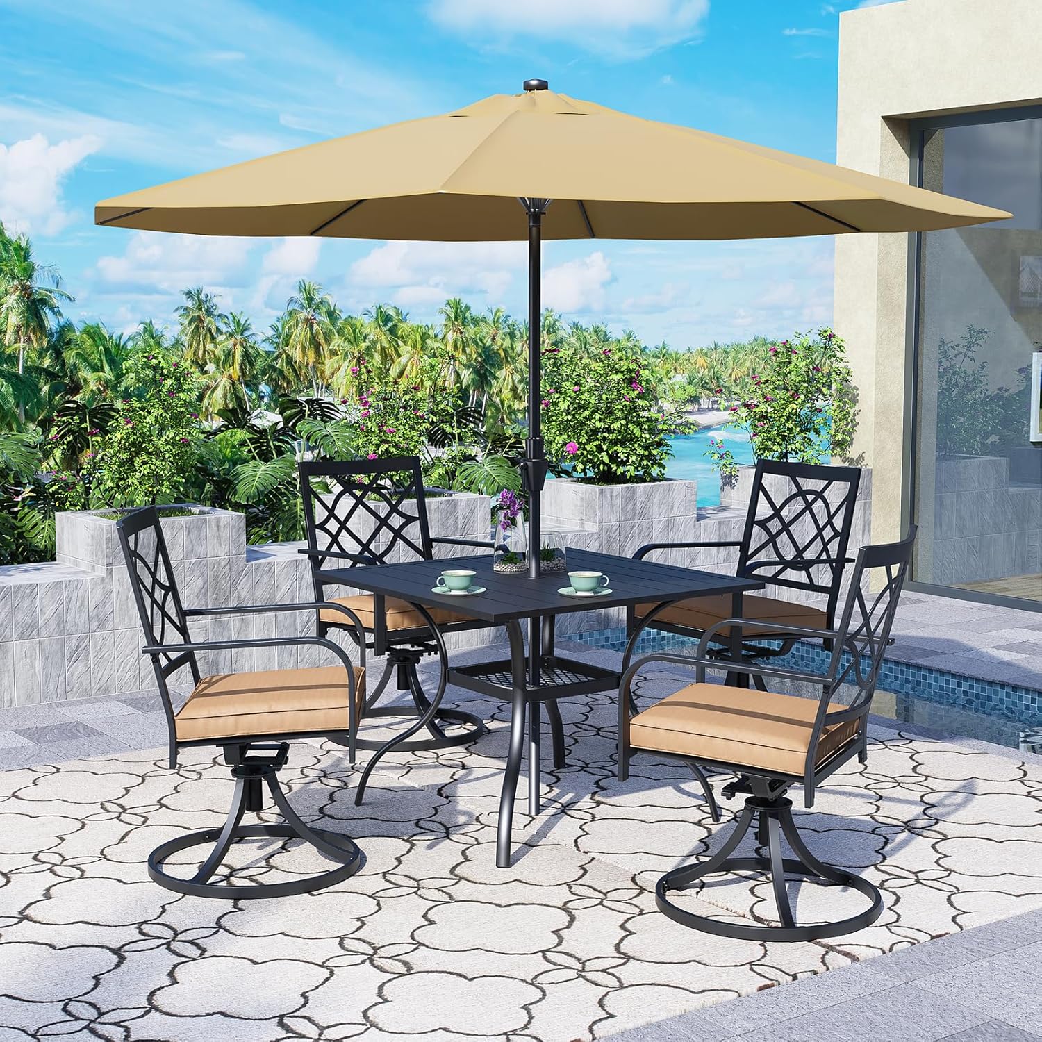 SUNCROWN 5 Pieces Outdoor Dining Set Metal Swivel Cushioned Chairs Patio Furniture Sets with Steel Slat Bistro Table and Sky Blue 9Ft Patio Umbrella for Backyard, Lawn, Garden