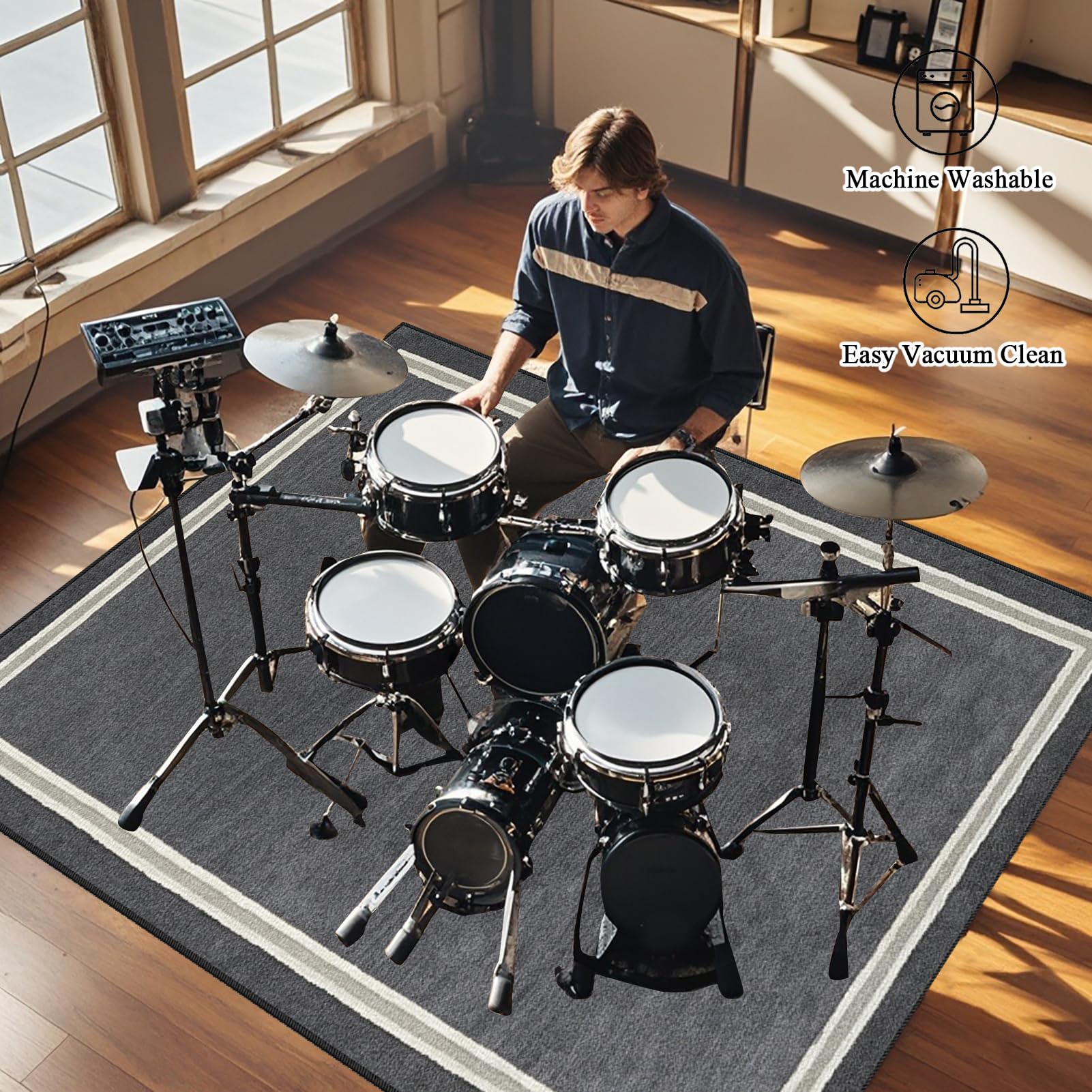 Schlagzeug Teppich für Bass Drum Snare | 170 x 140 cm Grau Trommel Teppiche rutschfeste | Schlagzeugteppich | Schallschutzdecke Akustik Elektrisches Schlagzeug Teppich für Studio | Wohnung