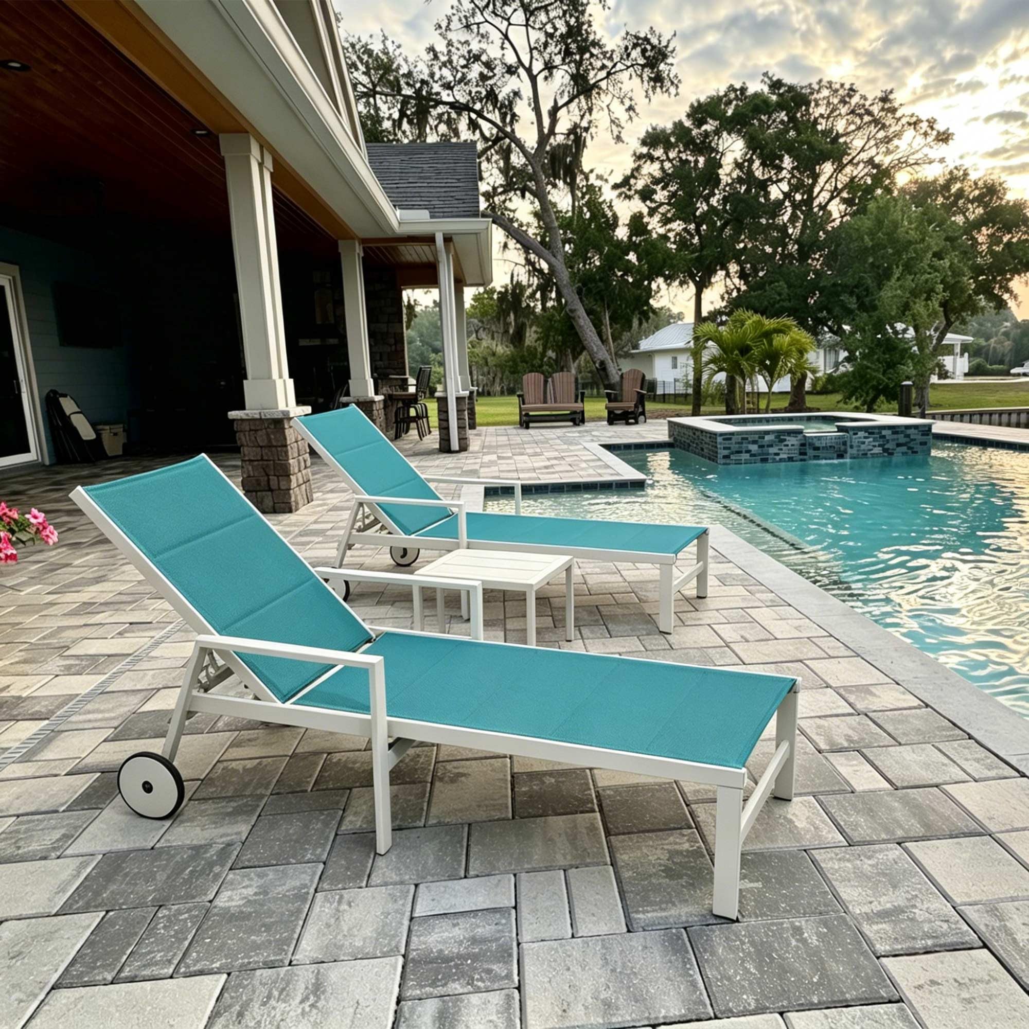 PURPLE LEAF Outdoor Chaise Lounge Set of 2 Arm, White Frame, Turquoise Blue