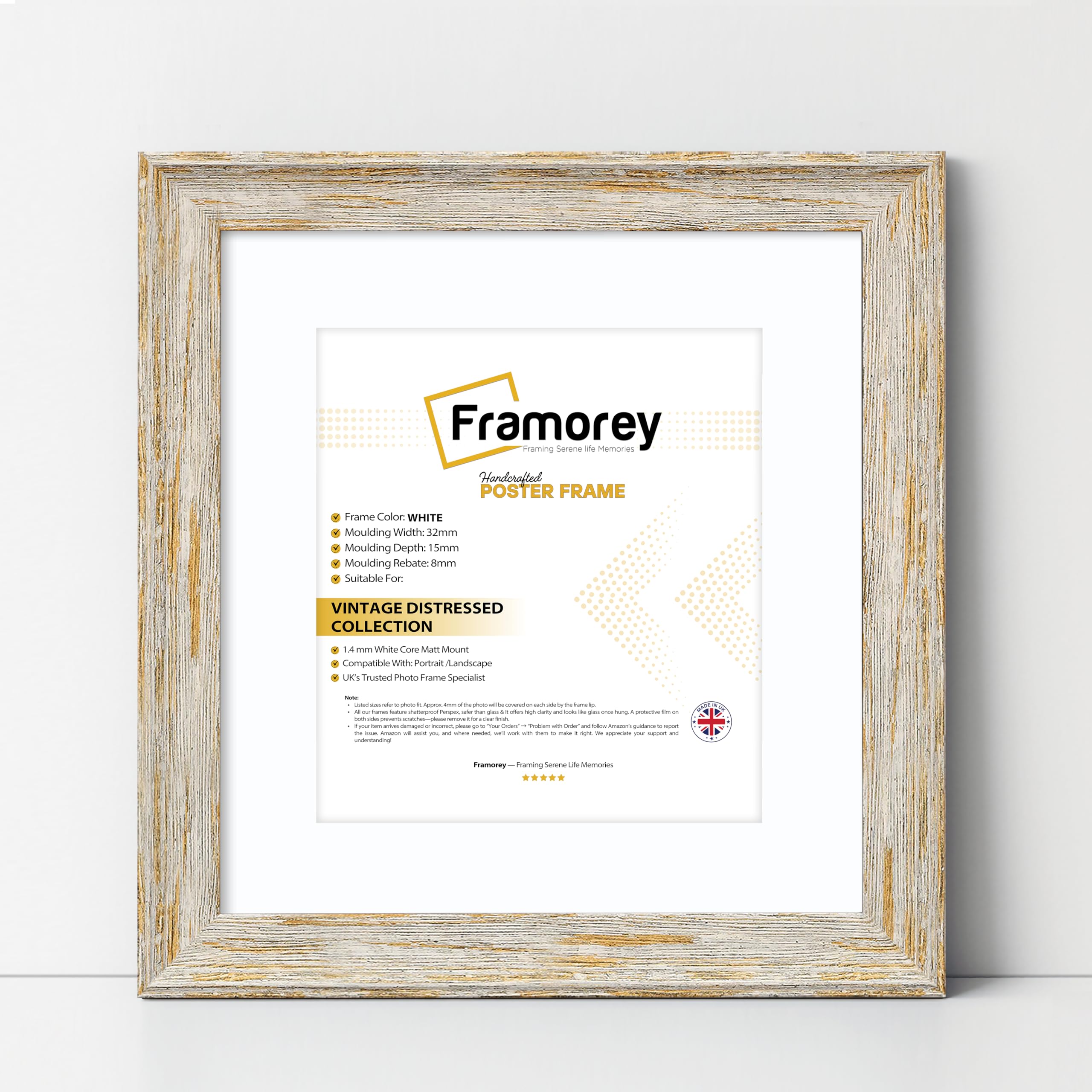 Framorey Framing Serene Life Memories White With White Mount Framorey Vintage Distressed Square Size Picture Frame, 9X9" Size White Photo Frame With 7X7" Size White Mount, Photo Print Frame, Birthday Gift Frame