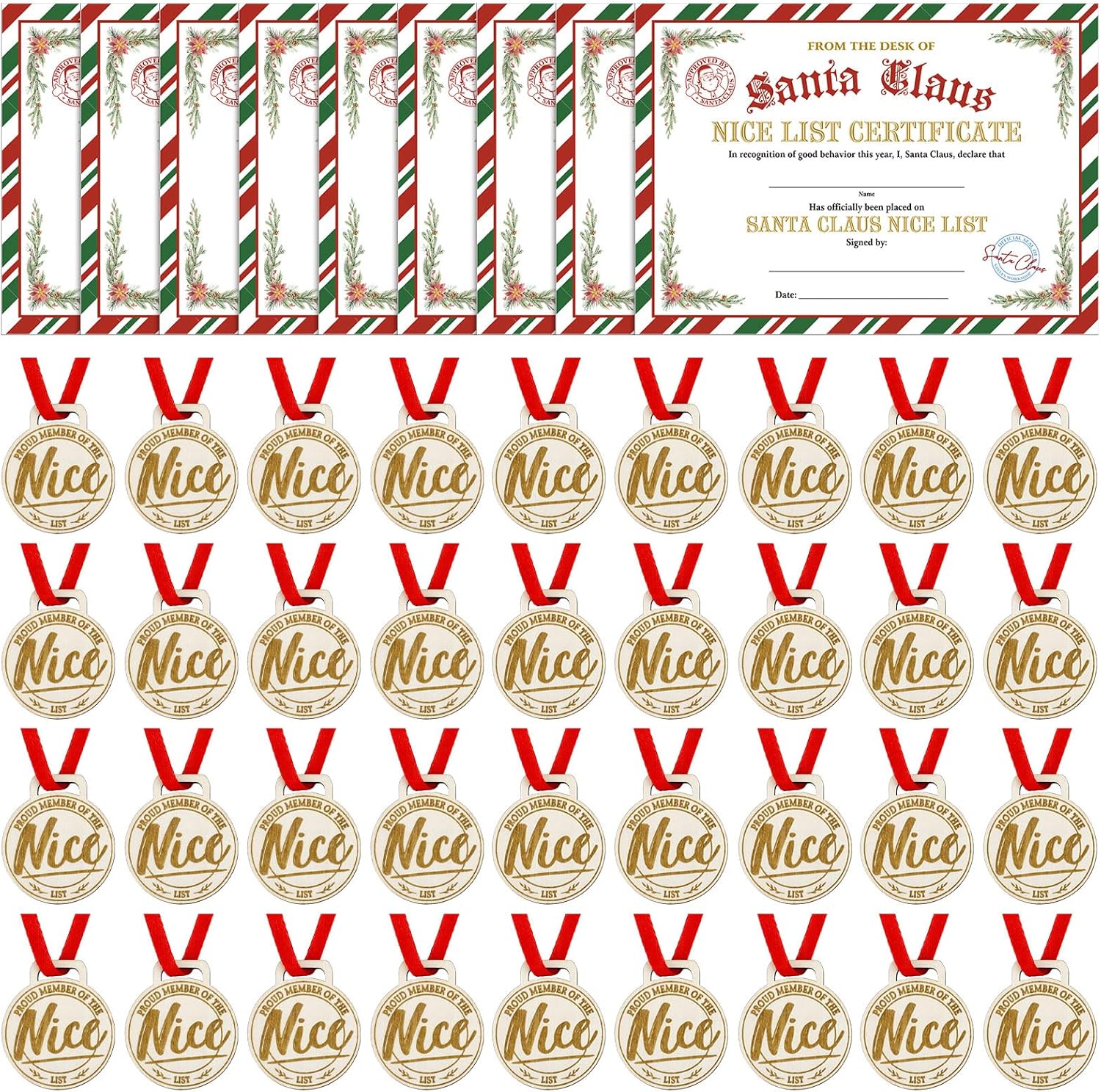 Zhanmai 36 Set Christmas Santa Nice List Certificate and Nice List Wooden Medal Awards with Red Neck Ribbon Christmas Certificate Medal for Kids Adults Xmas Holiday Party Favor Decor