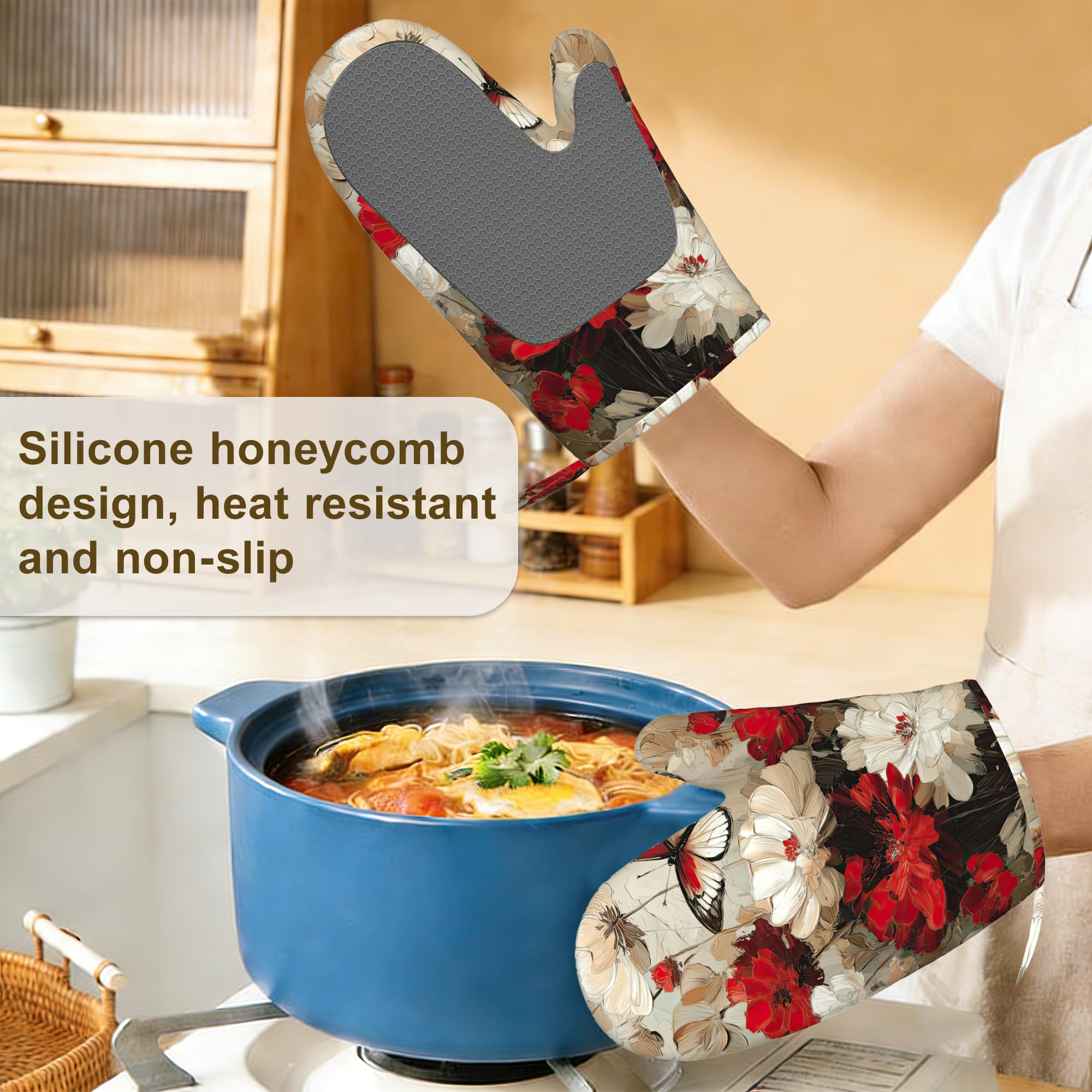Ofenhandschuhe und Topflappen, Silikon, Weiß, Rot, Blume, Küchenzubehör, Set mit 4 hitzebeständigen Handschuhen, Schmetterlings-Topflappen, rutschfester Griff für Koch, Kochen, Backen, Grillen, BBQ
