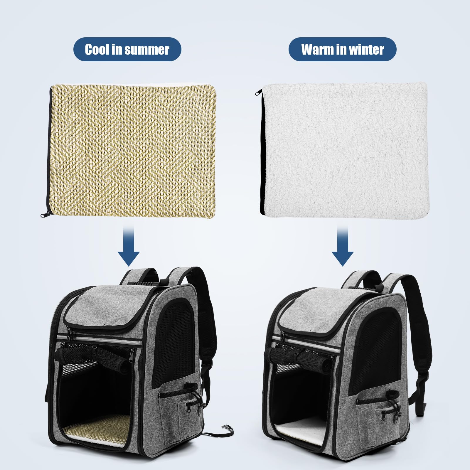Erweiterbar Katzenrucksack - Hunderucksack bis 8kg, Faltbare Katzen Rucksack für Katzen Hunde mit Innerer Sicherheitsleine und Haustiermatte Katzen Transport Tasche max 42 * 28 * 60cm Grau