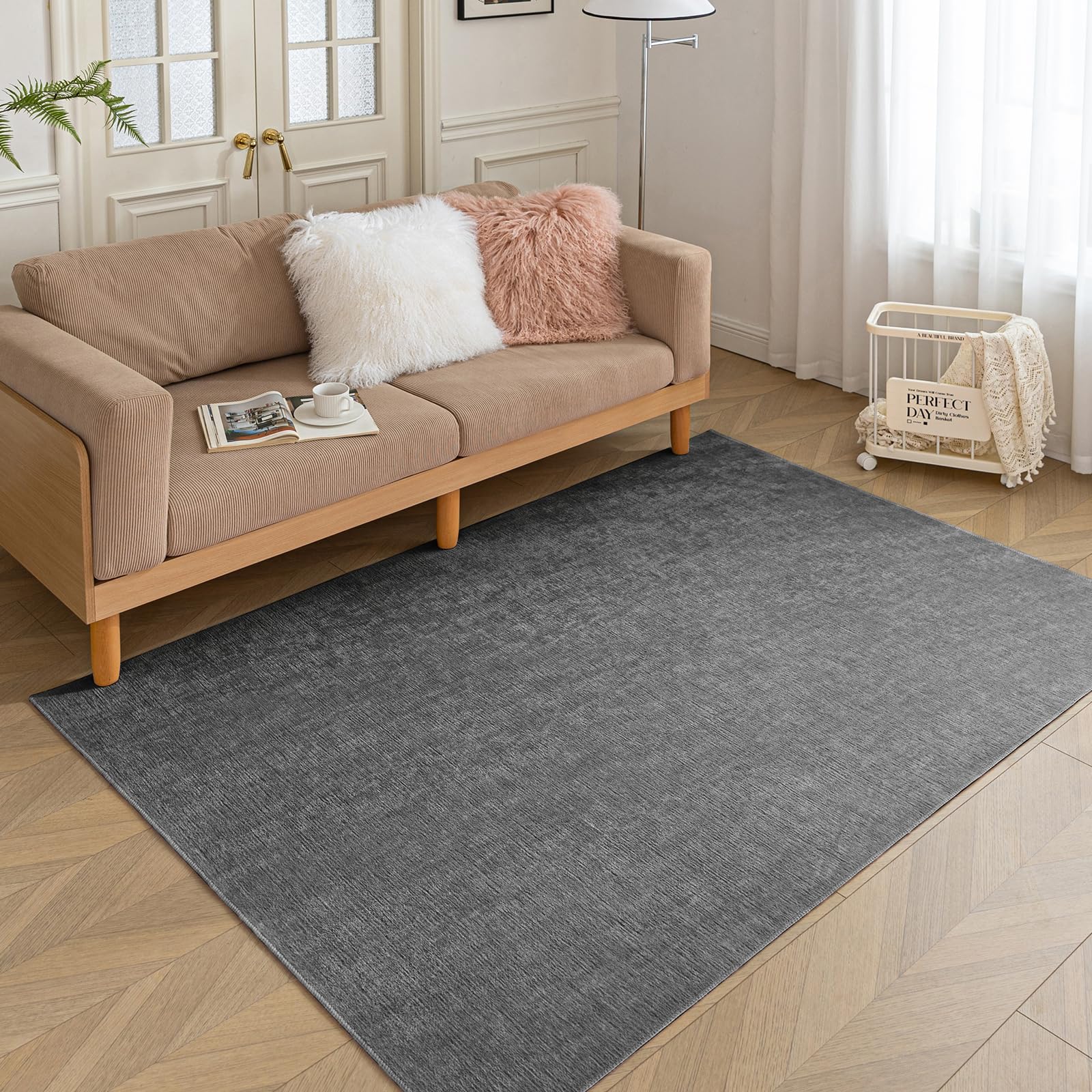 HARESLE Rugs Living Room-80x150cm Low Pile Rug, Washable Bedroom Rugs, Chenille Short Pile Rug, Thin Bedside Carpet-Non Slip Backing, Non-Shedding Indoor Mat, Lounge Kitchen Area Carpet(Dark Grey) — image 1