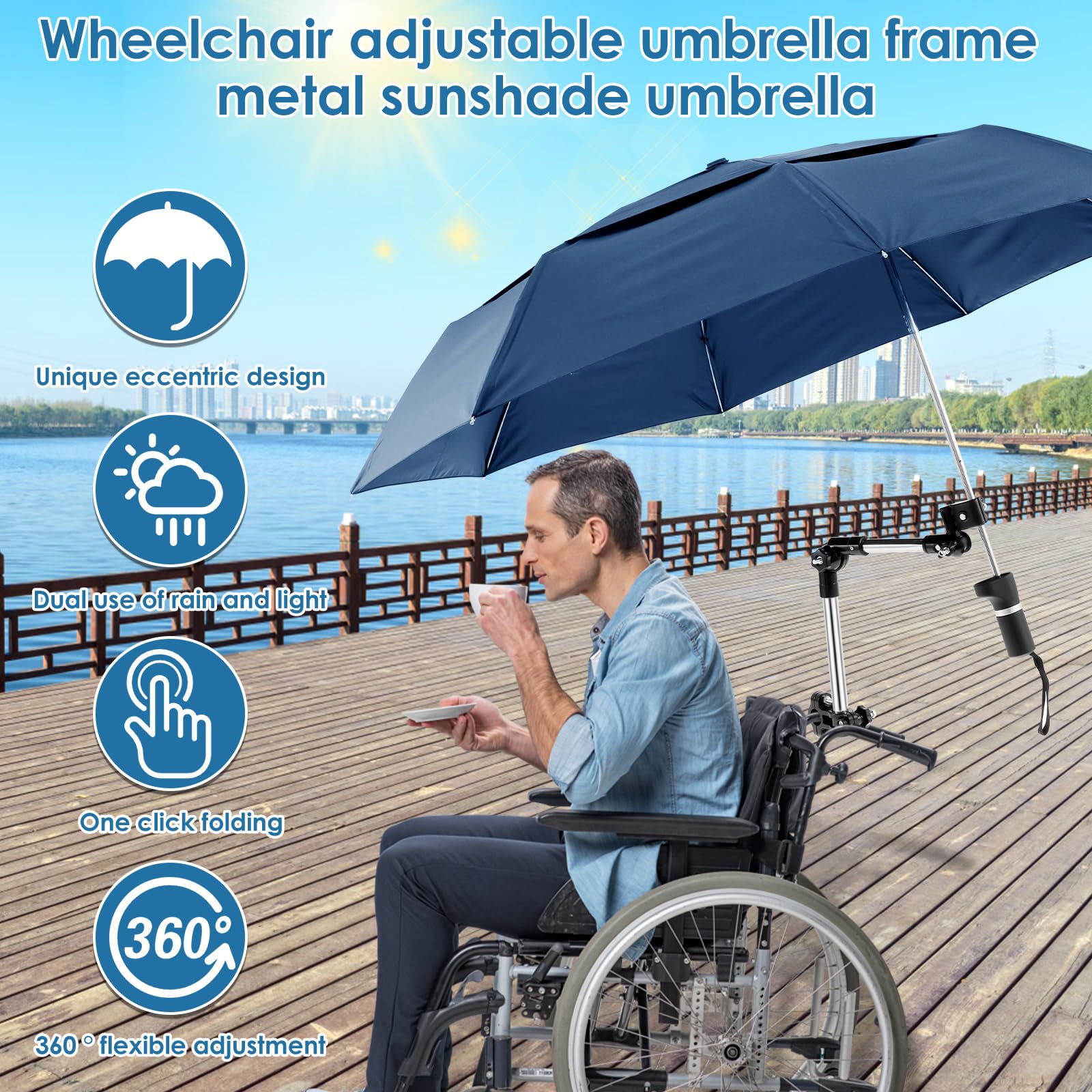 Rollstuhlschirm, 360° Verstellbarer Strandschirm mit Universalklemme, Faltbar Sonnenschutz Regenschutz,Wasserdicht Sonnenschirm,Regenschirm für Elektrische Rollstühle,für Terrasse und Strand