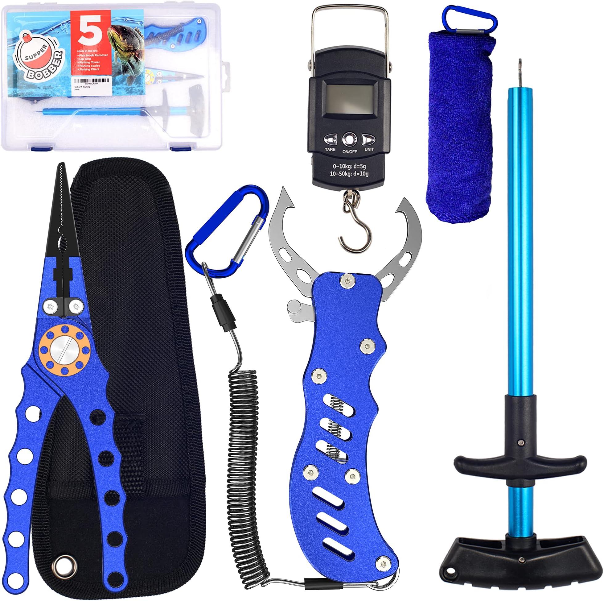 Aluminum Fishing Pliers Saltwater, Fish Gripper, Lip Grip, Fish Hook Remover, Hanging Digital Fish Scale, Fly Fishing Tools Set, Split Ring Pliers Fish Holder, Ice Fish Gear,[5 pcs] + Waterproof Box