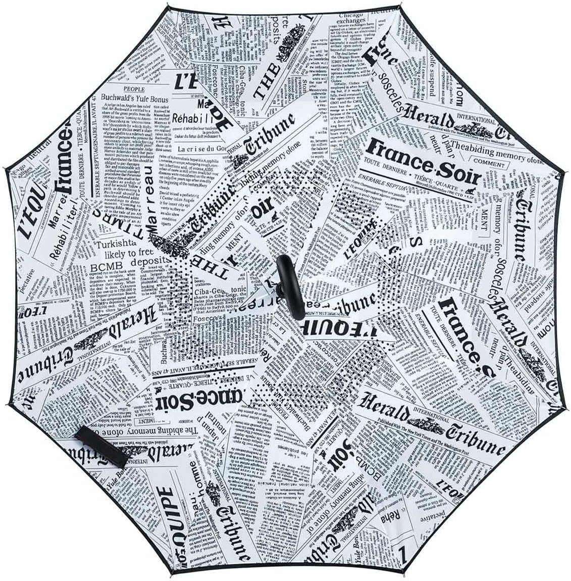 Reverse Umbrella, Double Layer Inverted Umbrella Upside Down, Self Stand, C Shape Handle, Inverse Inside Out Folding for Car, Windproof, Waterproof, Sun Protective (Newspaper Design)