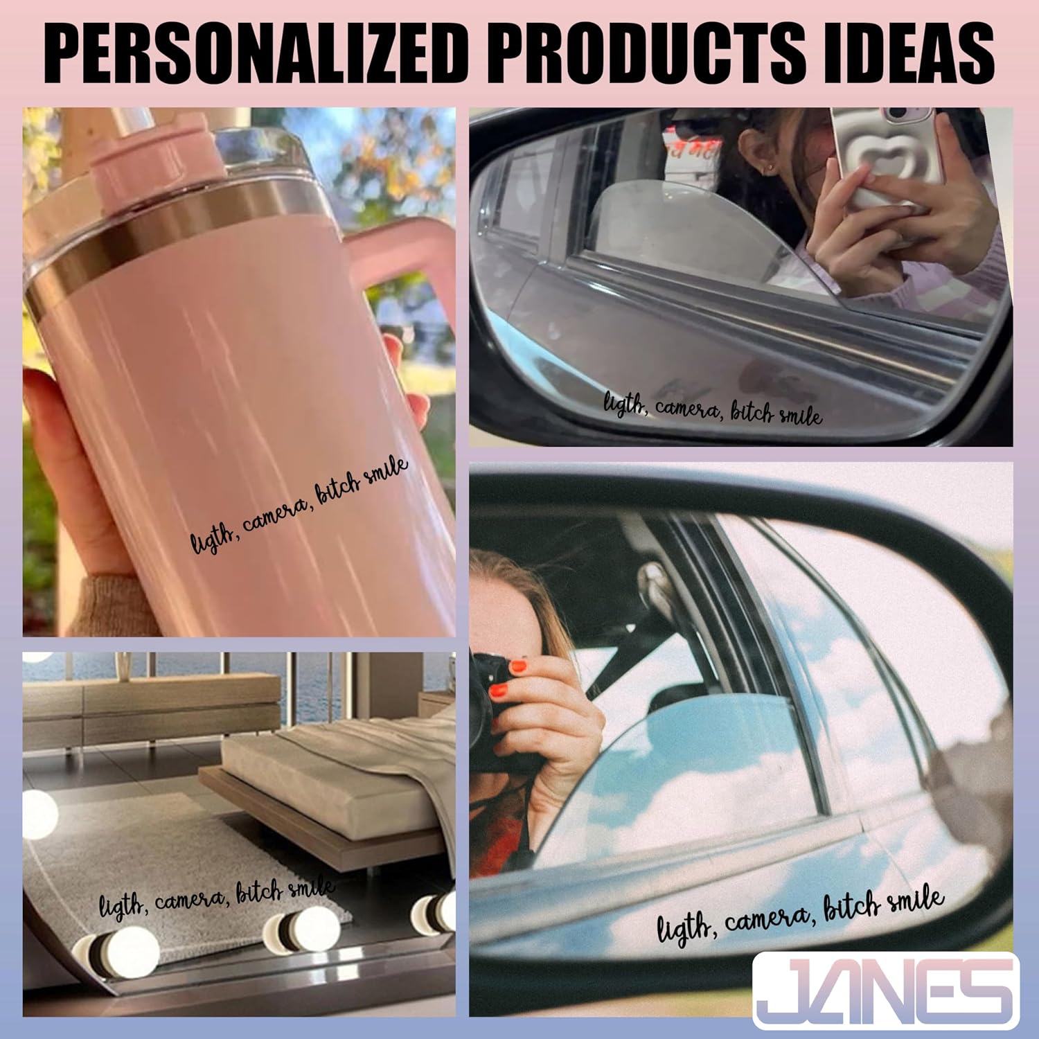 JANES 3pcs Lights Camera B*tch Smile Decal, Size 4x0.8'' UV DTF Transfer Car Mirror Decal, Rearview Mirror Decal, Funny Quotes Mirror Decals, Positive Car Decals for Women Men, Car Decals for Trucks image 5